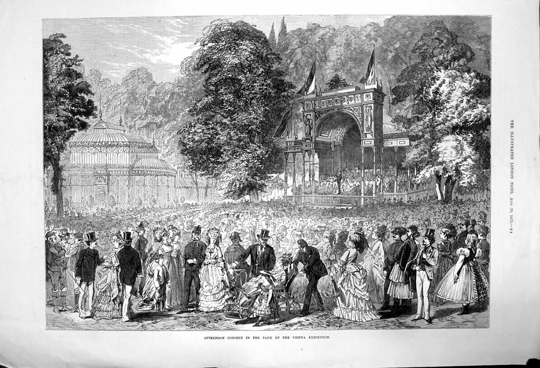 Original Old Antique Print Afternoon Concert In Park The Vienna Exhibition 1873
