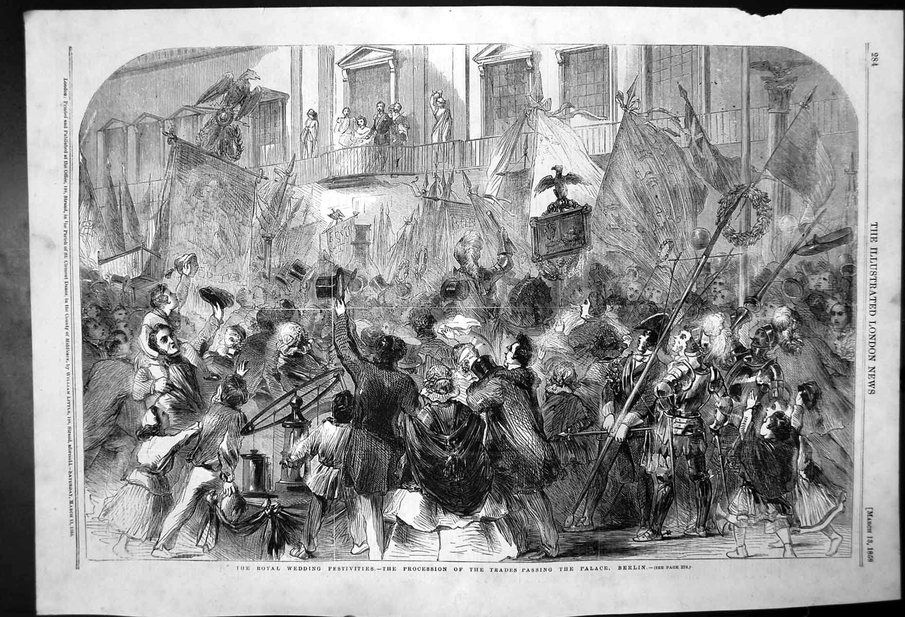 Antique Old Print Royal Wedding Procession Trades Passing Palace Berlin 1858