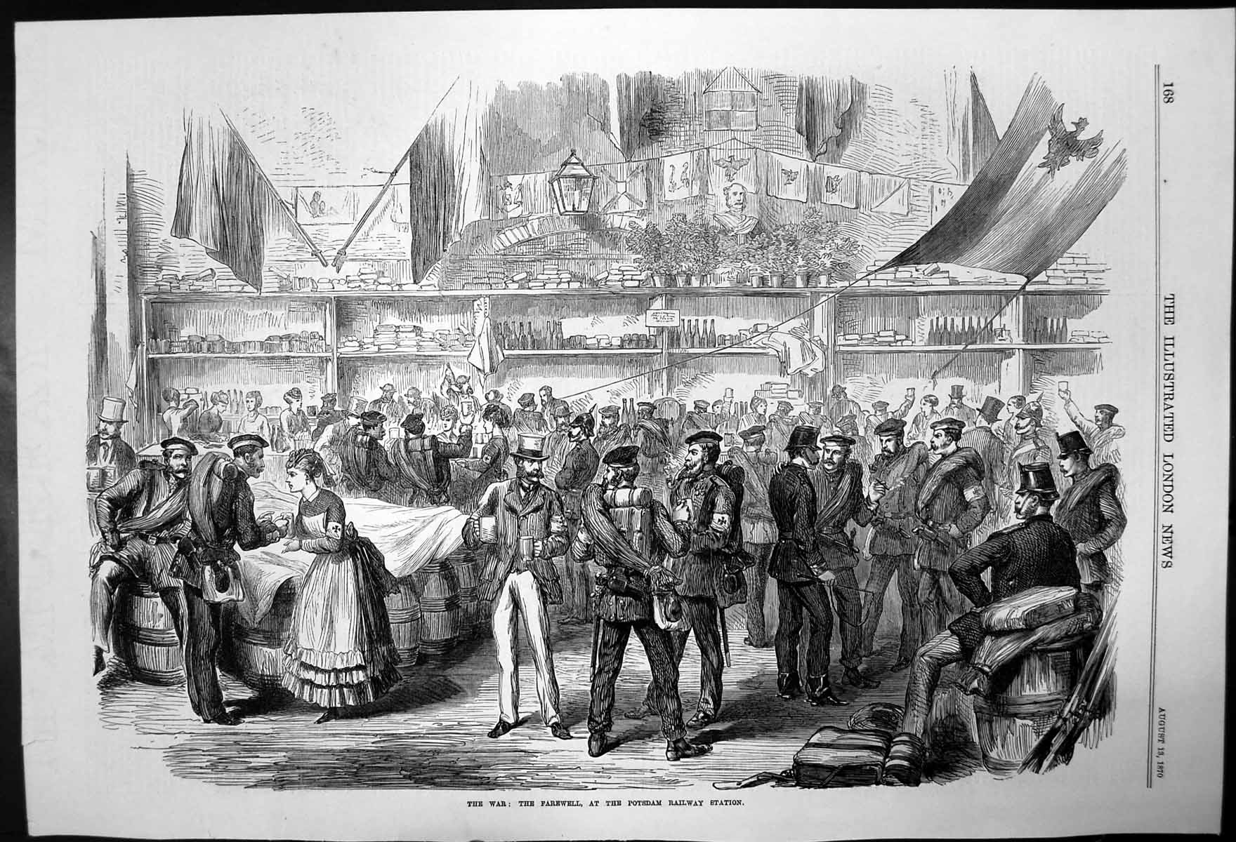 Original Old Antique Print The War Farewell At Potsdam Railway Station 1870