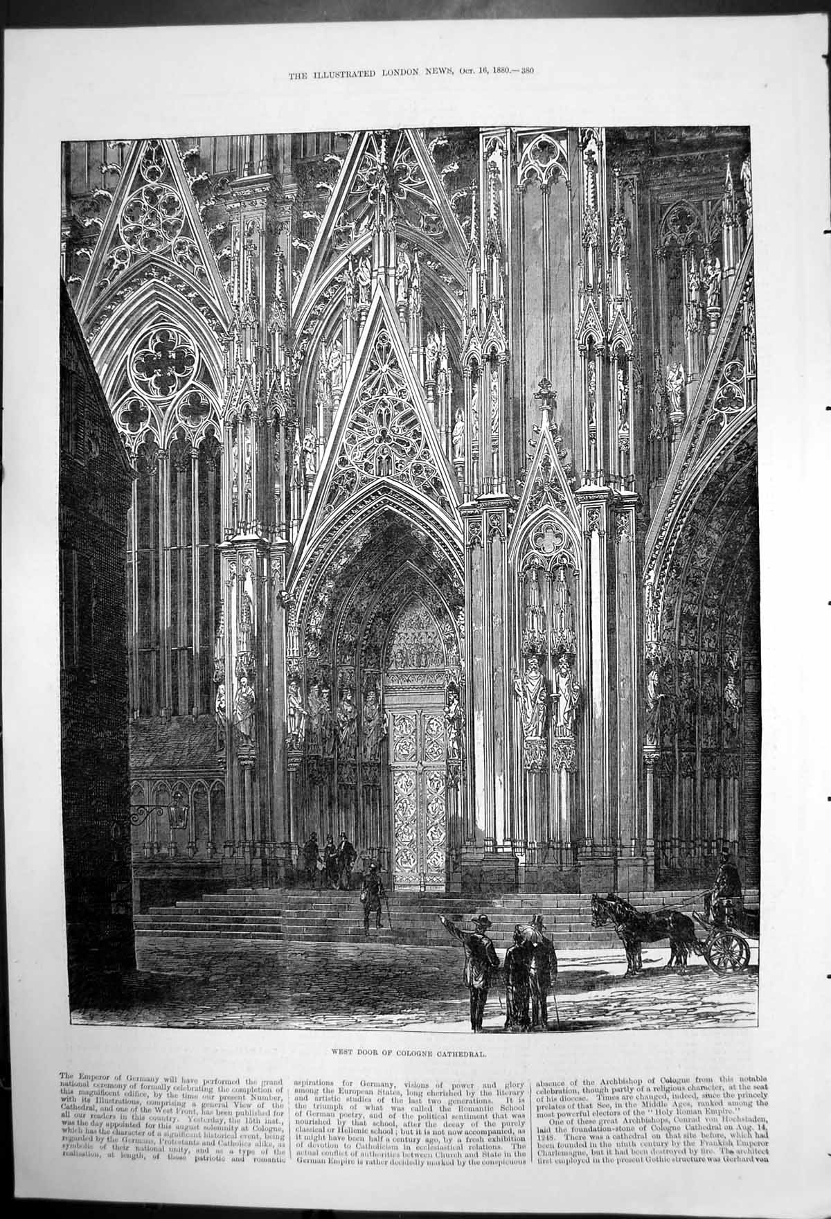Original Old Antique Print West Door Cologne Cathedral Germany 1880 Victorian