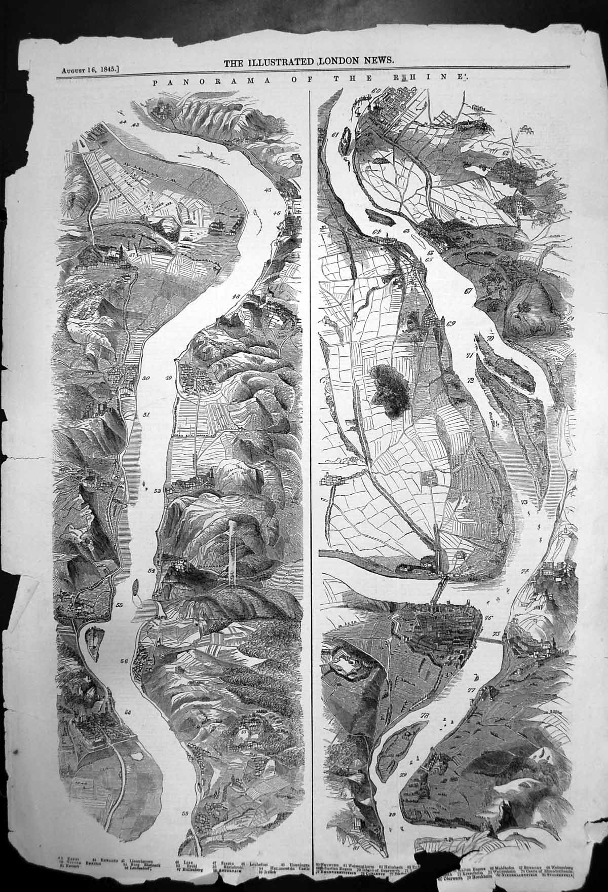 Original Old Antique Print Panorama The River Rhine Through Germany 1845 19th