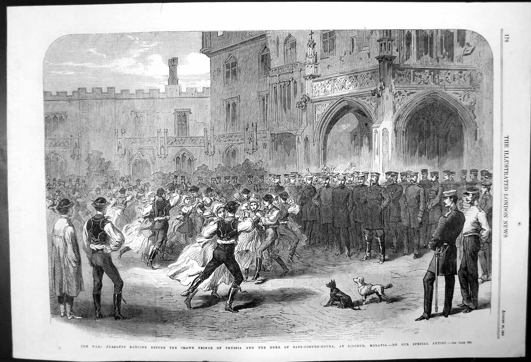 Antique Print The War;Peasants Dancing For Prince Prussia At Eisgrubmoravia