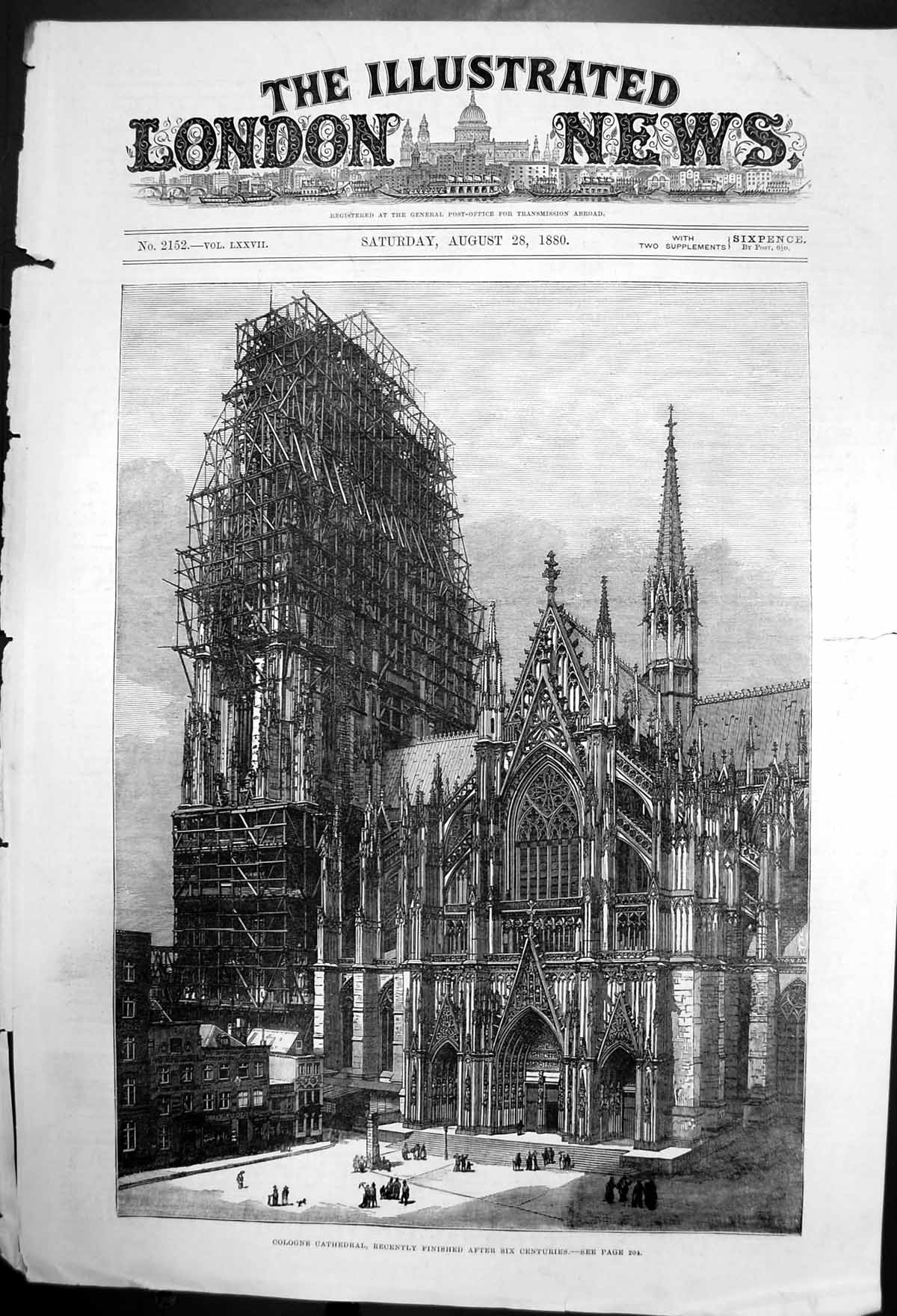 Original Old Antique Print Cologne Cathedral Completed AfterCenturies 1880