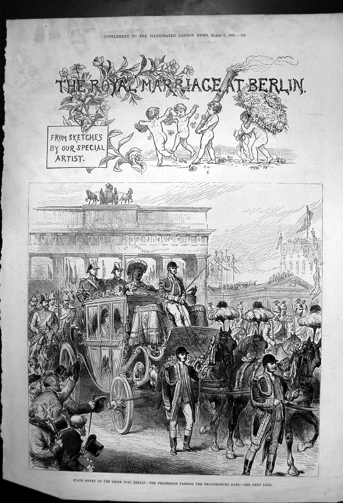 Antique Print Newly Married Princess Prussia Passing Brandenburg Gate 1881 19th
