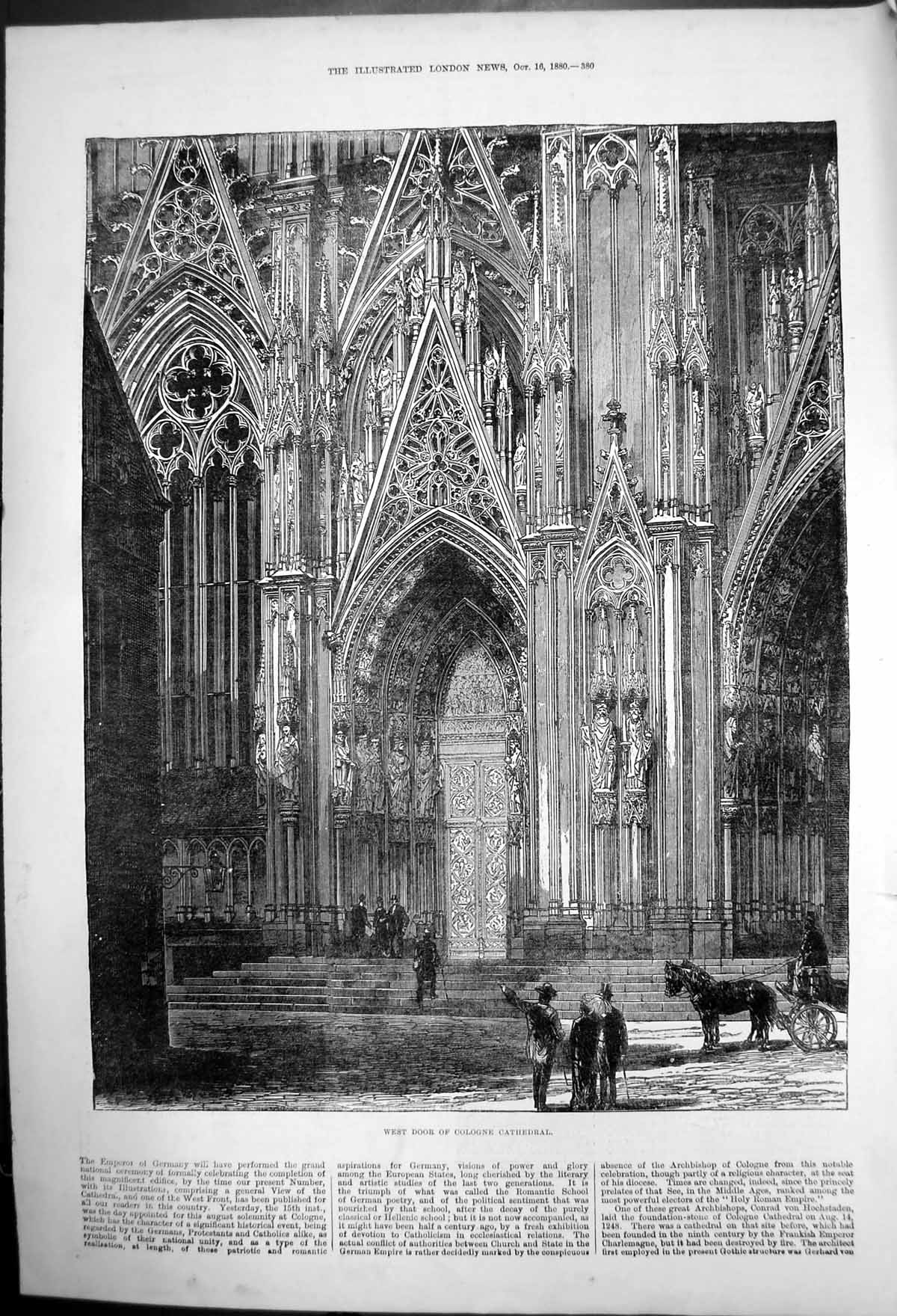Original Old Antique Print West Door Cologne Cathedral Germany 1880Victorian
