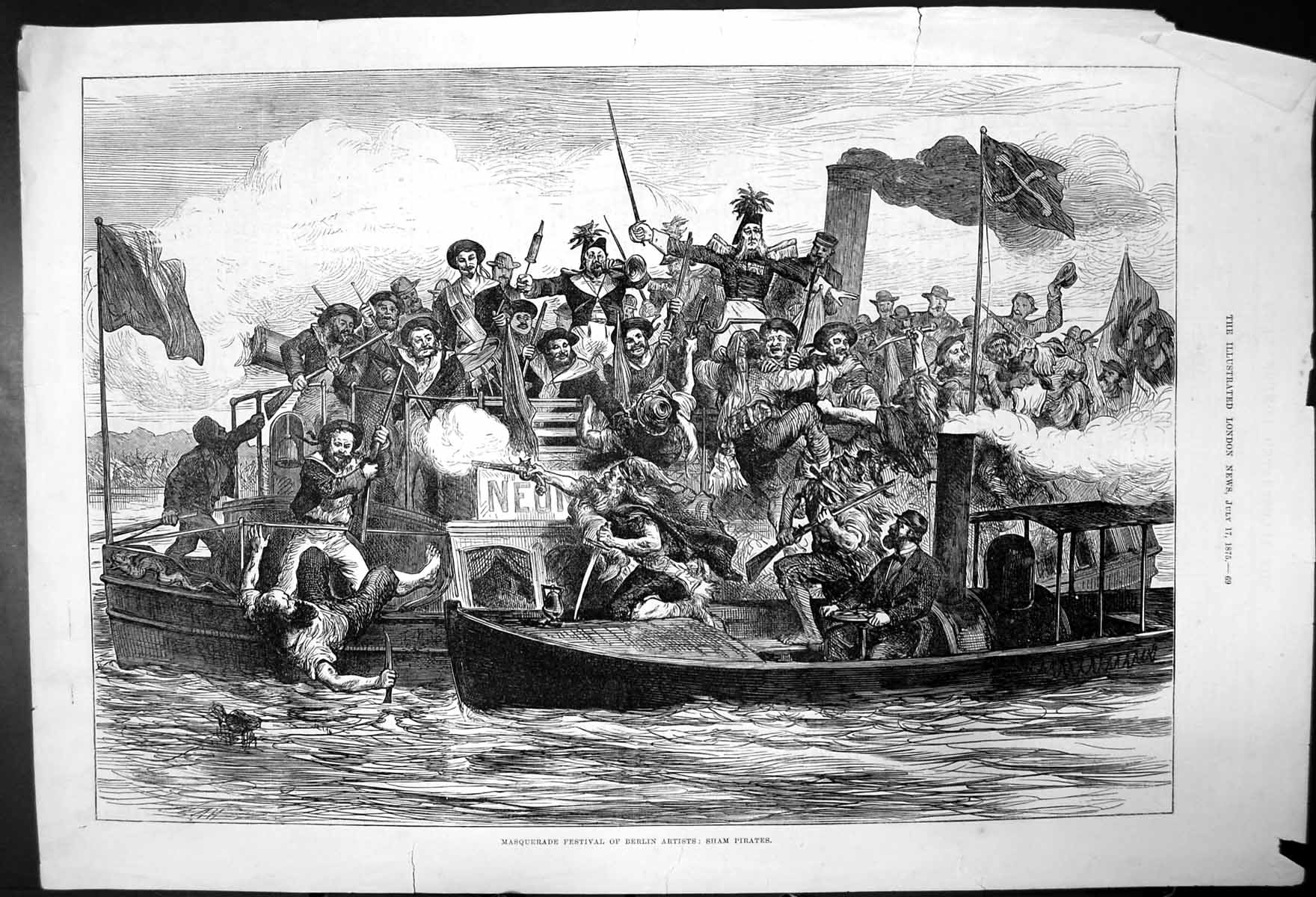 Old Antique Print Masquerade Festival Berlin Artists; Sham Pirates 1875 19th