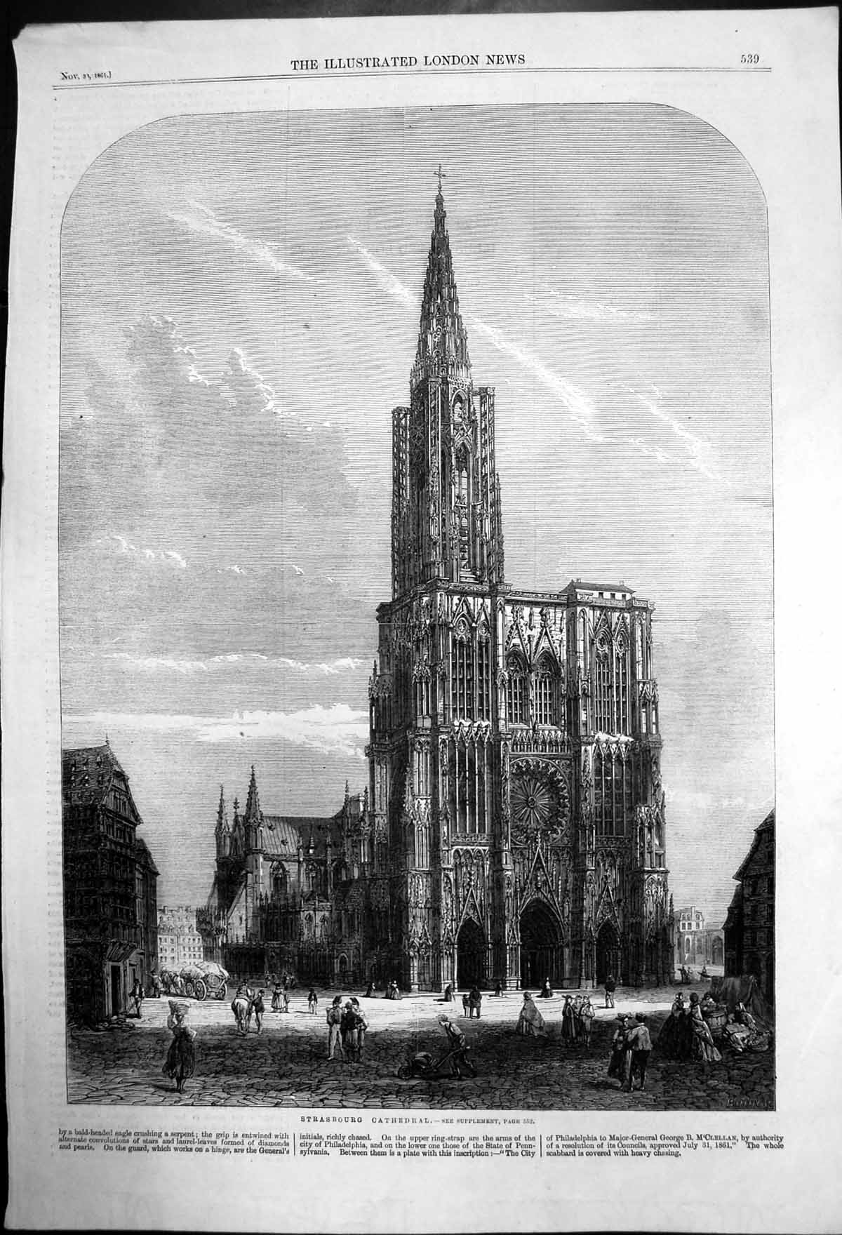Original Old Antique Print Strasbourg Cathedral And Surroundings 1861 Victorian