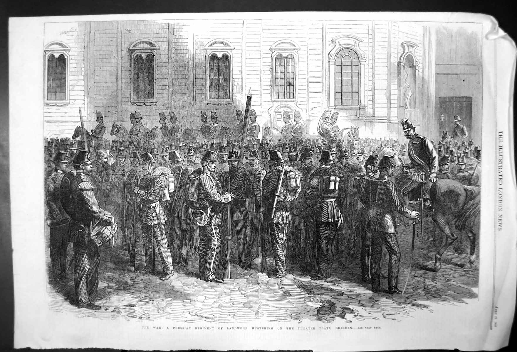 Old Print Prussian Regiment Landwehr Mustering Theater Platz Dresden 1866 19th