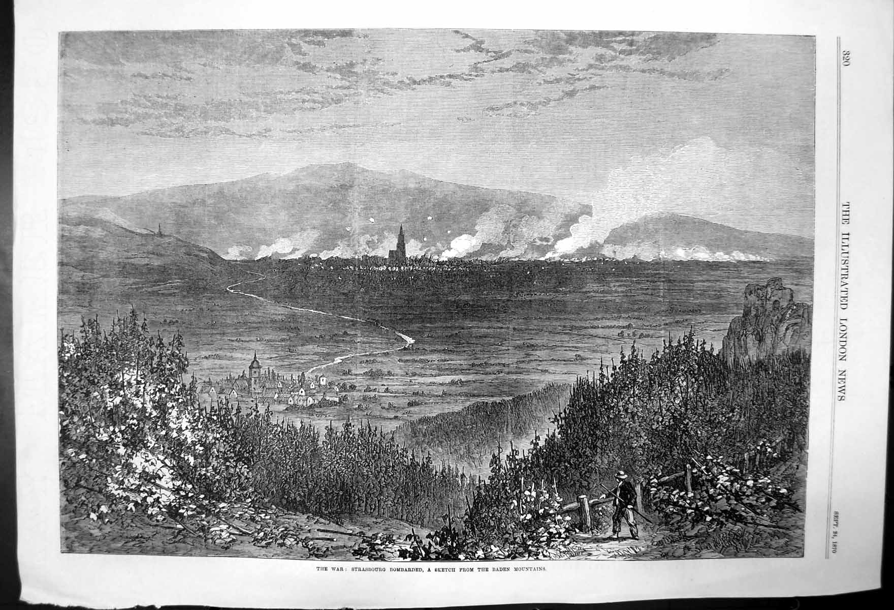 Antique Print The War; Strasbourg Bombarded Taken From Baden Mountains 1870