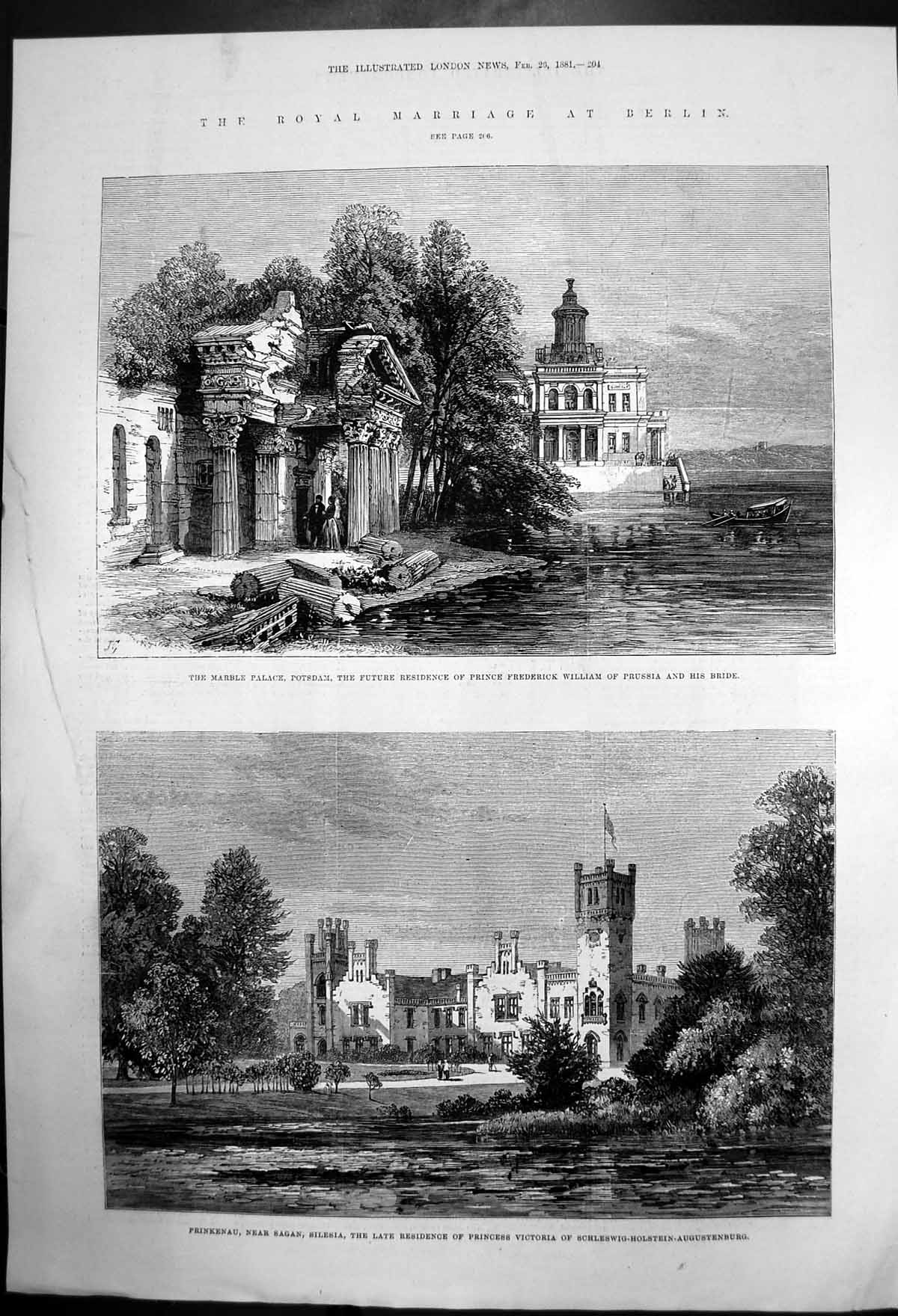 Old Antique Print Marble Palace Potsdam Prinkenaunear Sagansilesia 1881 19th