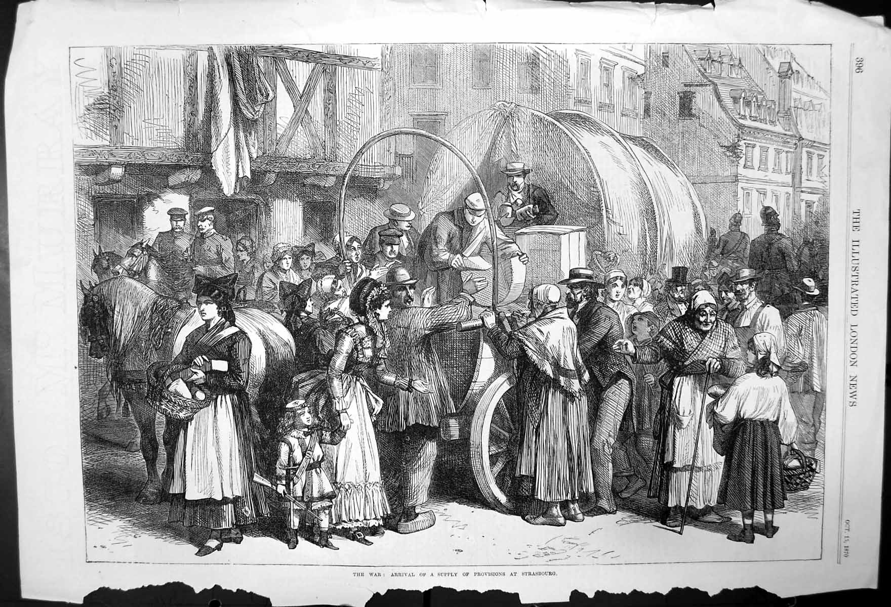 Original Old Antique Print The War; Provisions Arriving At Strasbourg 1870 19th