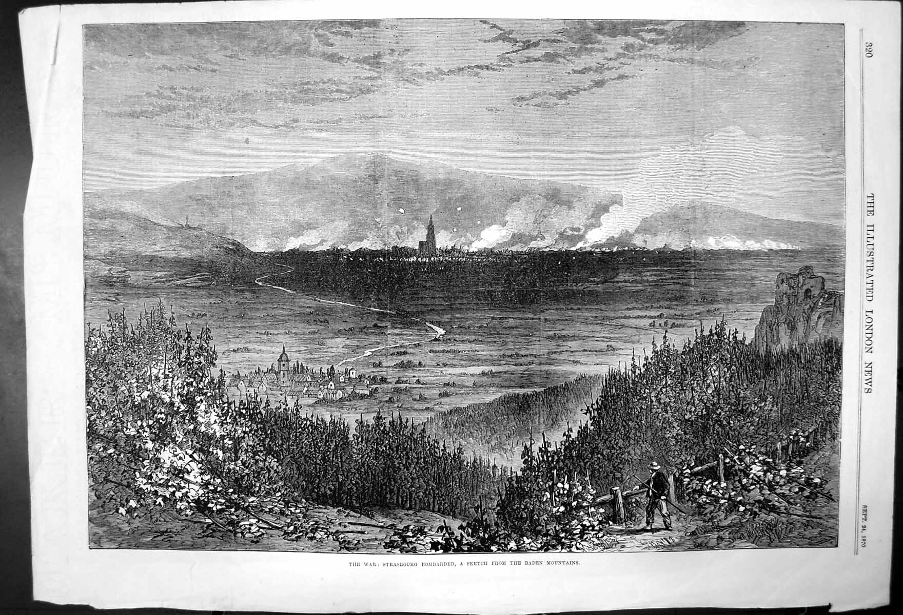 Old Print The War; Strasbourg Bombarded Taken From Baden Mountains 1870 19th