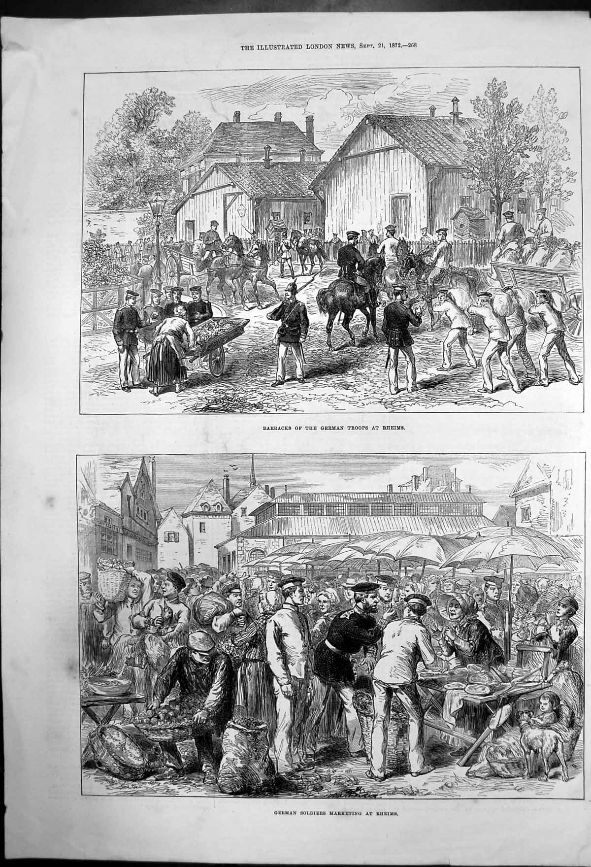 Original Old Antique Print Barracks And German Siers Marketing At Rheims 1872