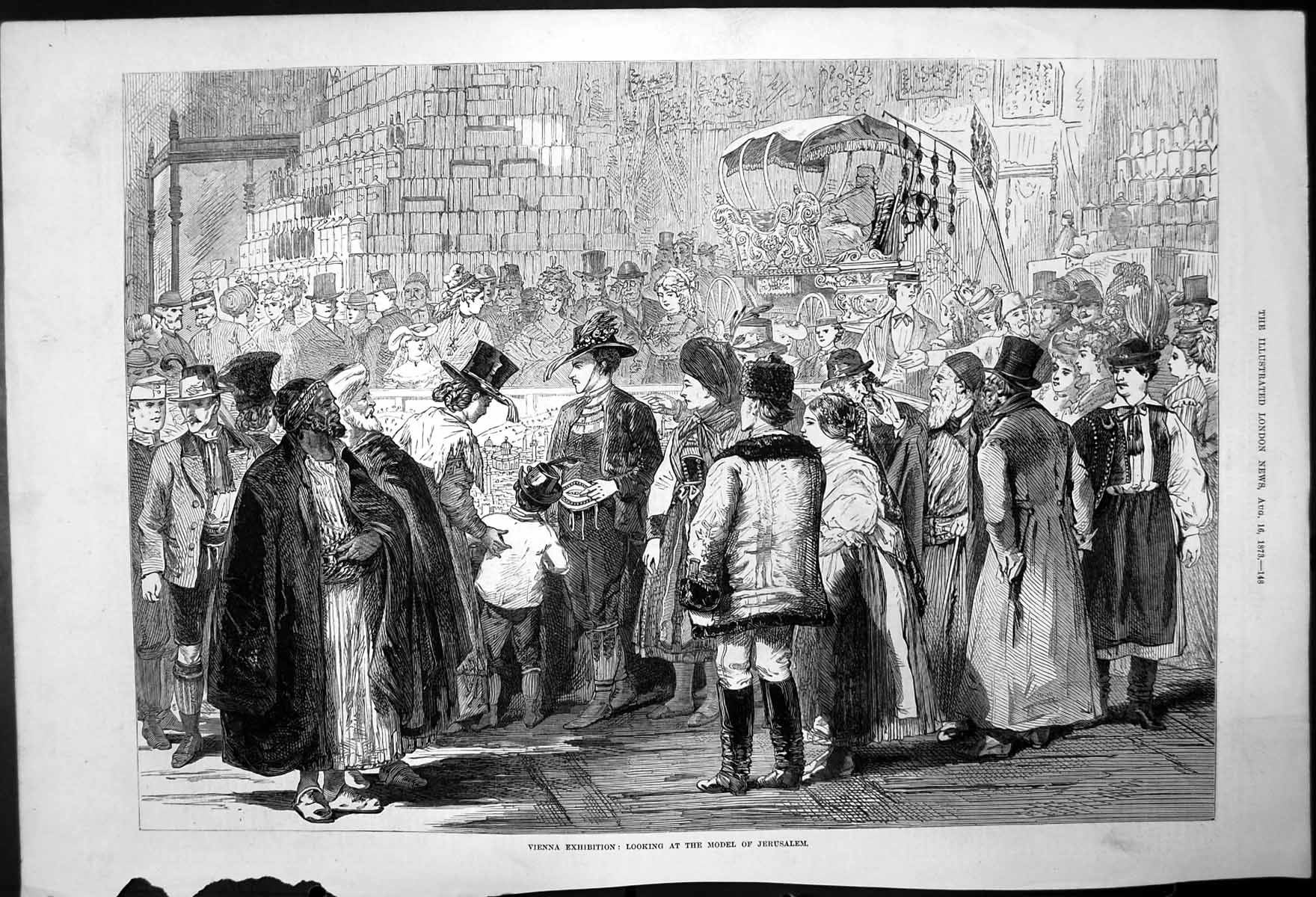 Original Old Antique Print Vienna Exhibition; Looking At Model Jerusalem 1873