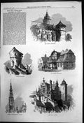 Original Old Antique Print Castlehousetowerkonigsberg Tower Rathausdantzic 1869