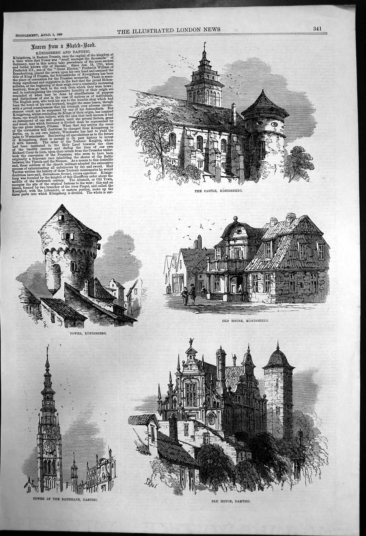 Original Old Antique Print Castlehousetowerkonigsberg Tower Rathausdantzic 1869