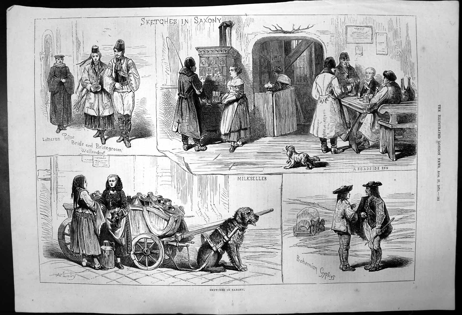 Old Print Bohemian Gypsiesmilksellerroadside Innwedding In Saxony 1875 19th