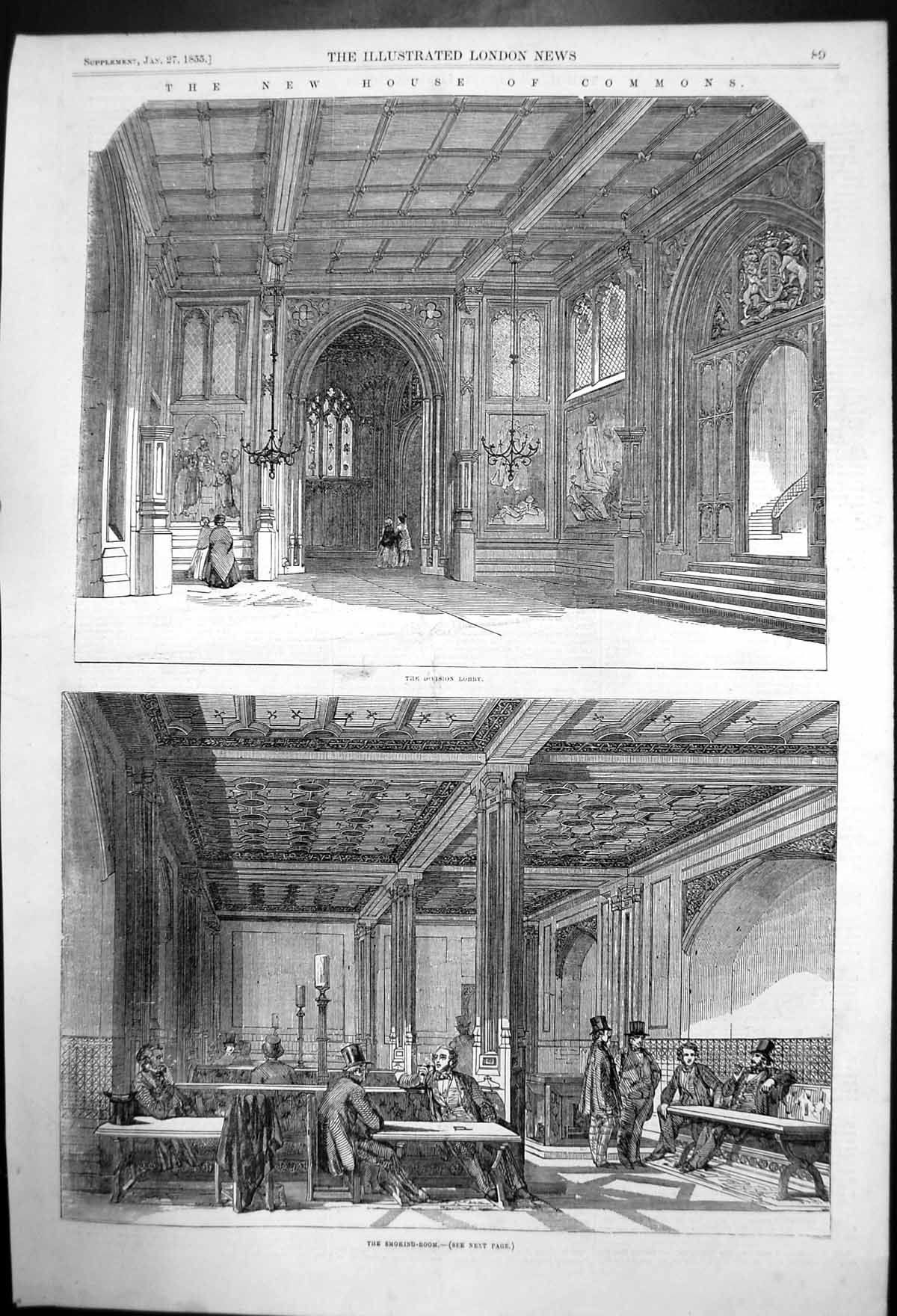 Old Antique Print New House Commons Division Lobby The Smoking-Room 1855 19th
