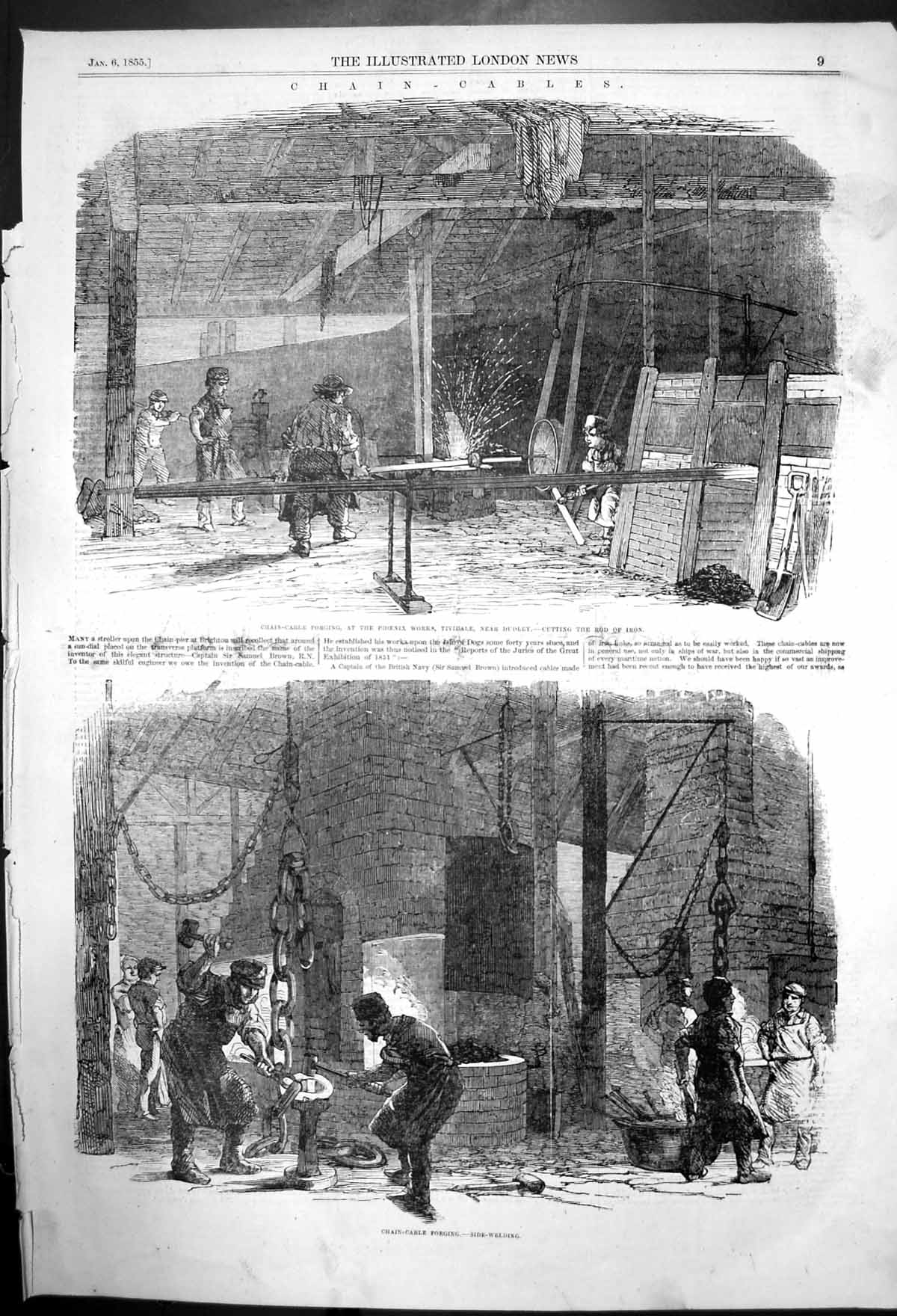 Antique Old Print Chain-Cable Forging At Phoenix Workstividale Dudley 1855 19th
