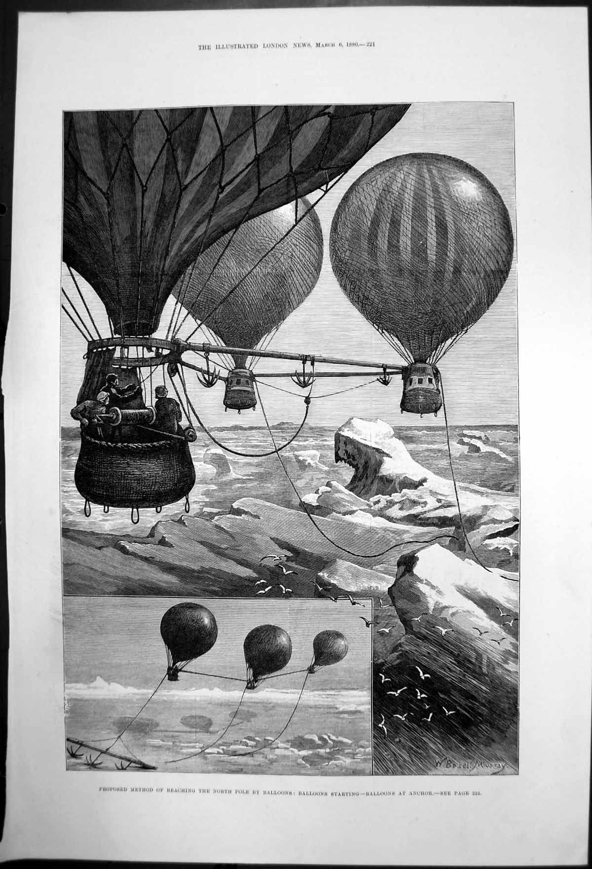 Old Antique Print Proposed Method Travel To North Pole By Balloons 1880 19th