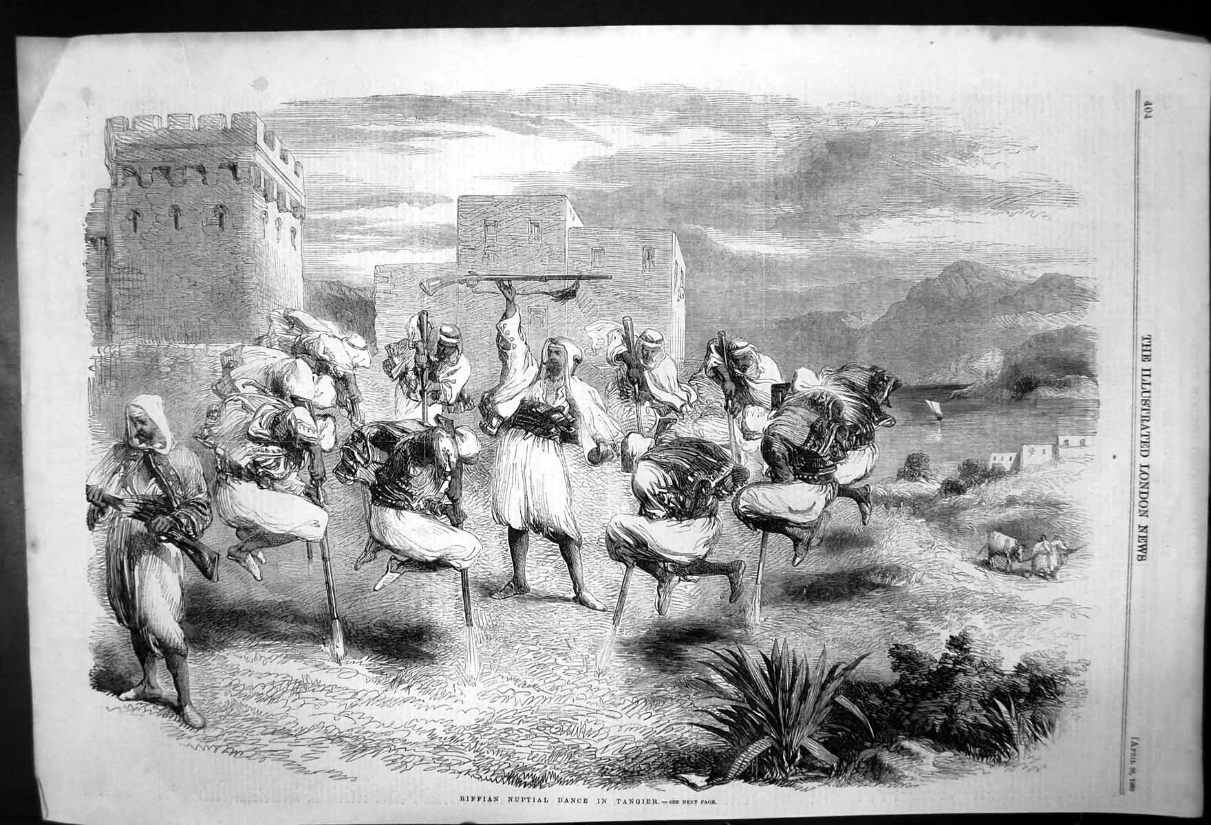 Original Old Antique Print Riffian Nupital Dance In Tangier 1860 19th