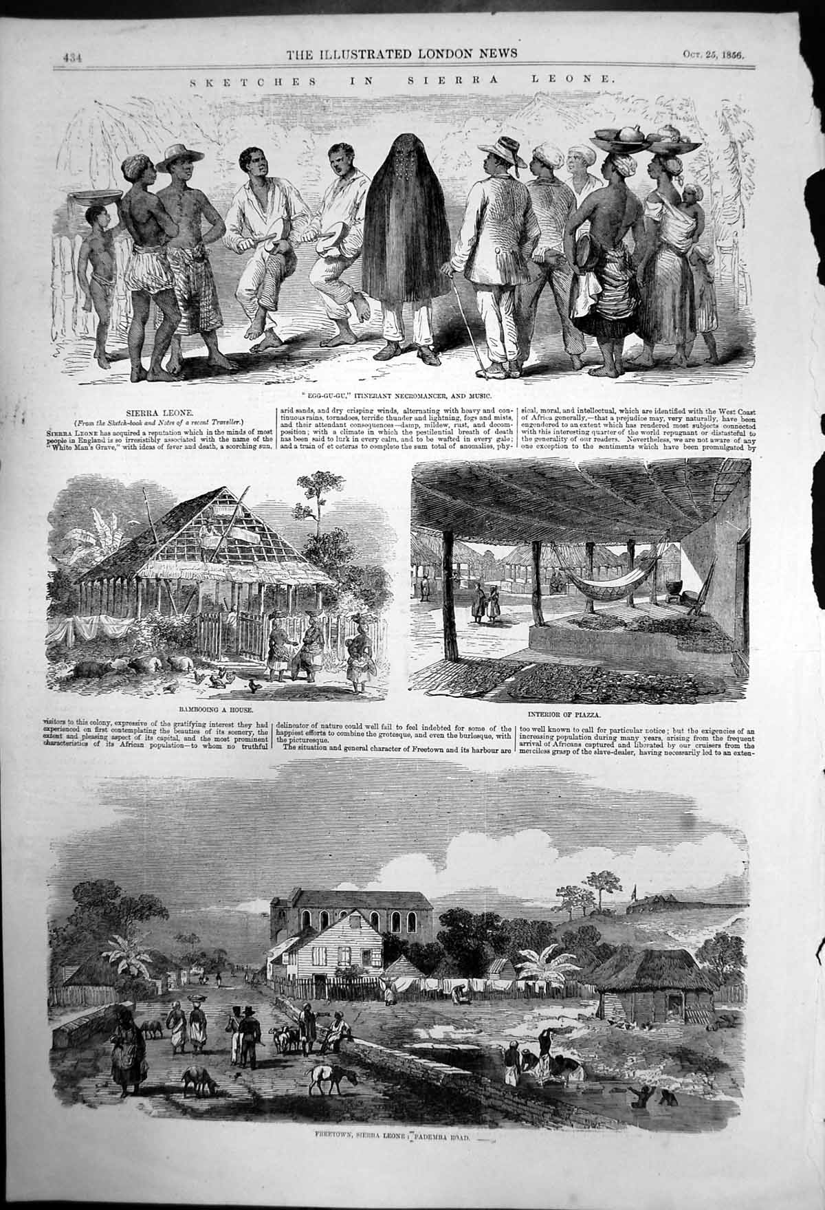 Antique Old Print Musicpiazzabambooing A House In Freetownsierra Leone 1856