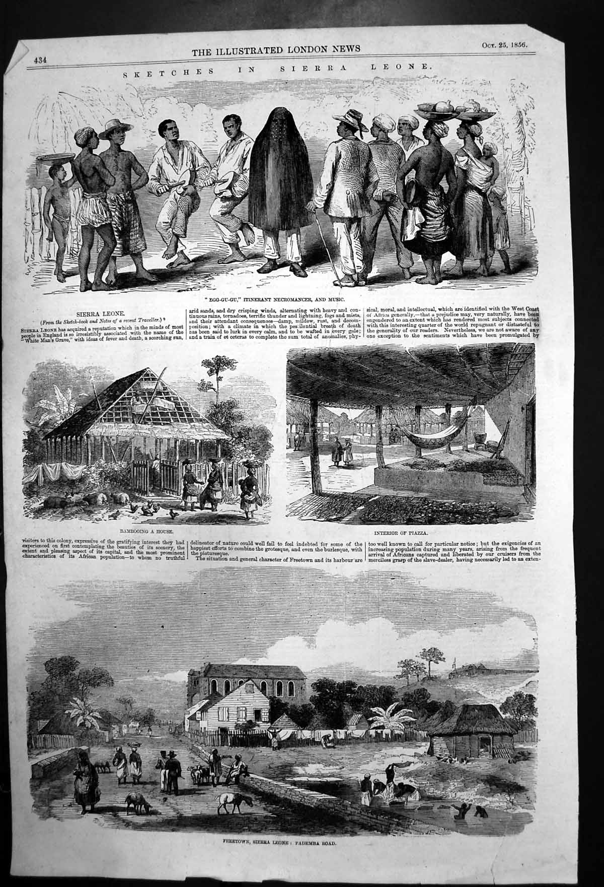Old Antique Print Musicpiazzabambooing A Hut In Freetownsierra Leone 1856 19th