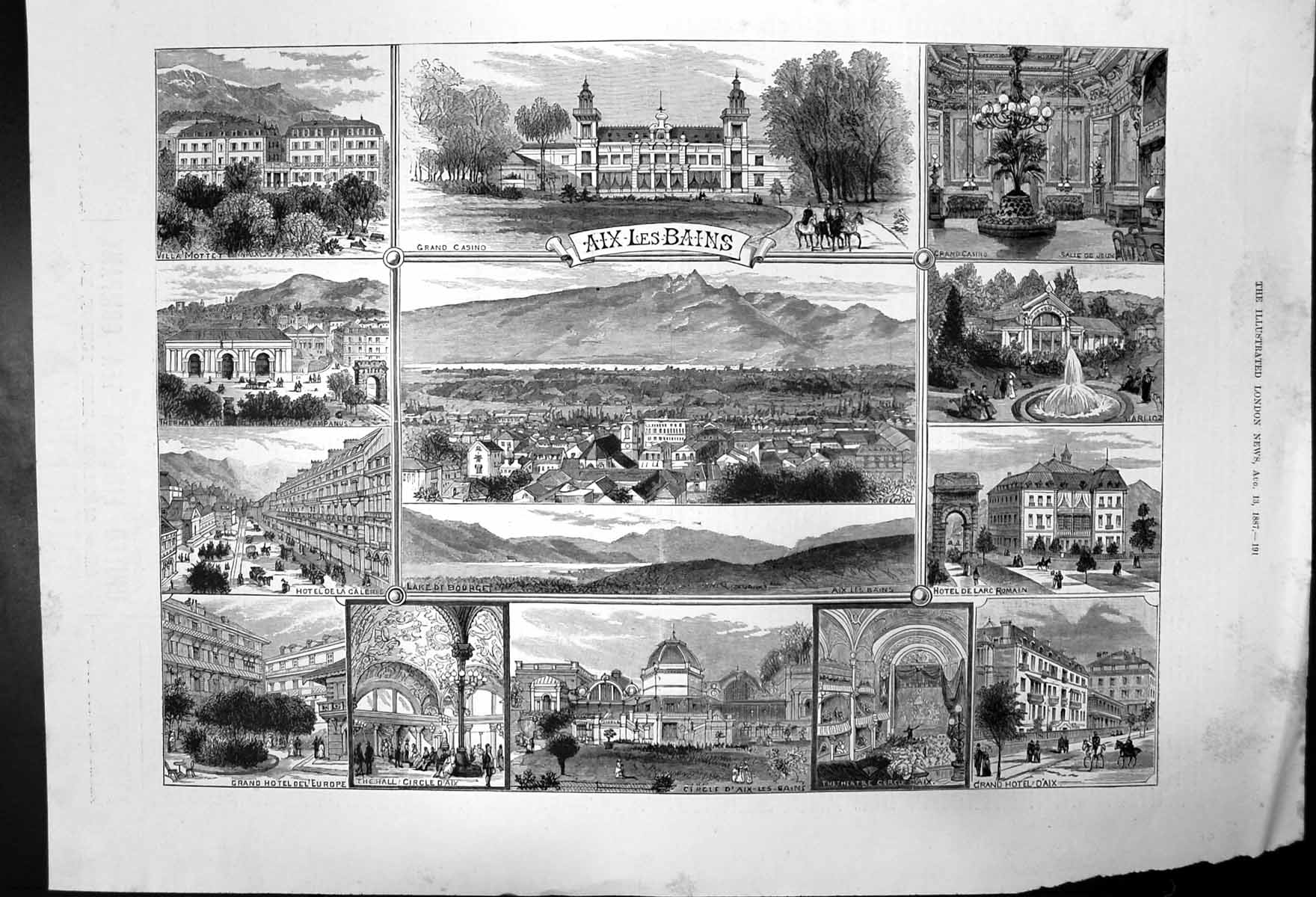Original Old Antique Print Views Aix-Les-Bains Savoy On Lake Bourget 1887 19th