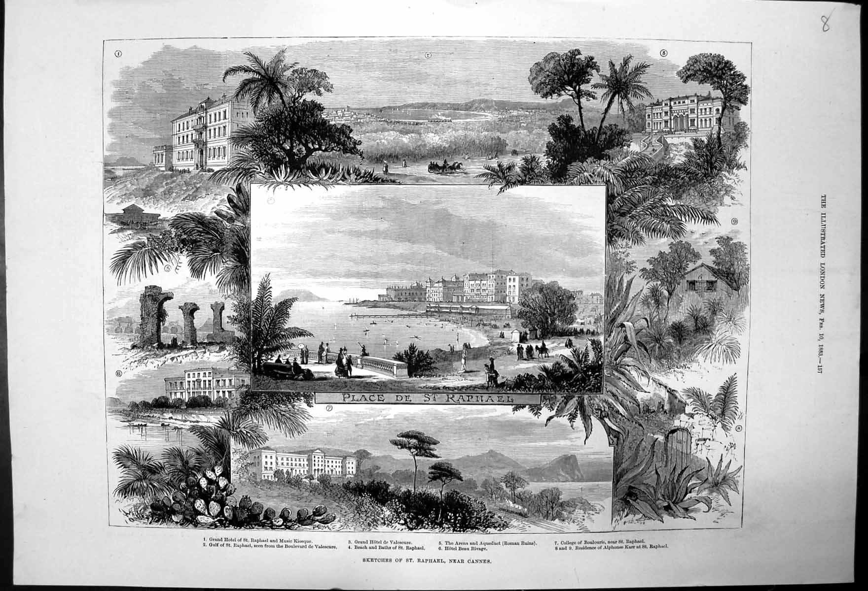 Old Antique Print Straphaelnear Cannes Grand Hotelbeachcollegearena 1883 19th