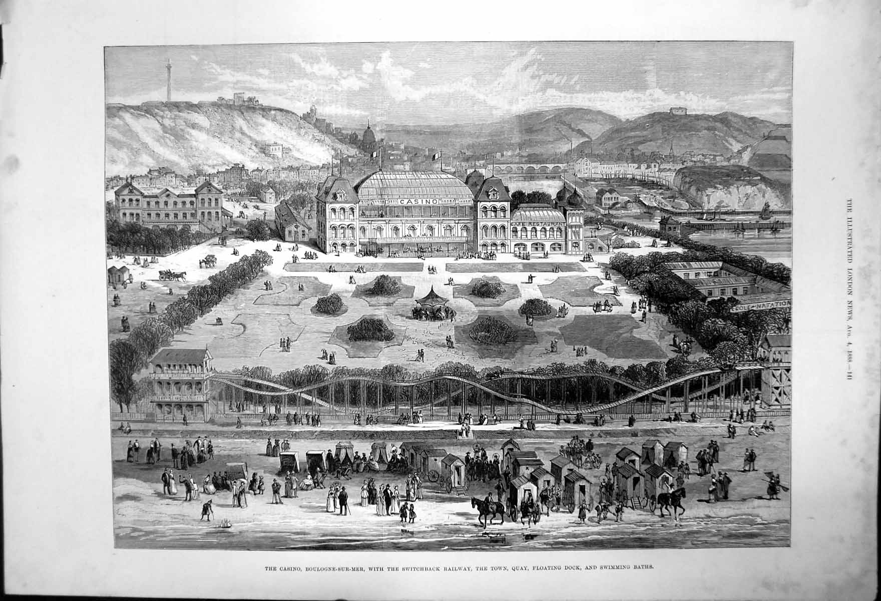 Antique Old Print Boulogne-Sur-Mer Casinoswitchback Railwayquaydockbaths 1888