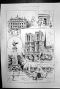 Antique Old Print Paris Notre Damearc-De-Triompheplace-De-La Concorde 1896 19th