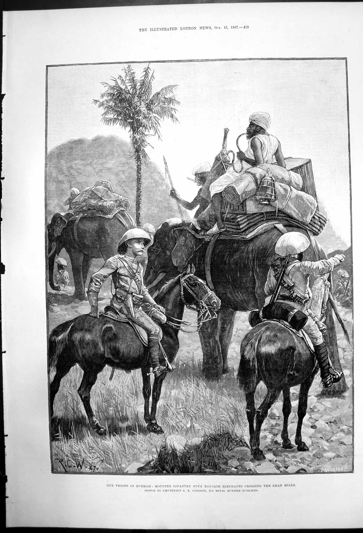 Old Print Mounted Infantry With Baggage Elephants Shan Hills Burmah 1887 19th