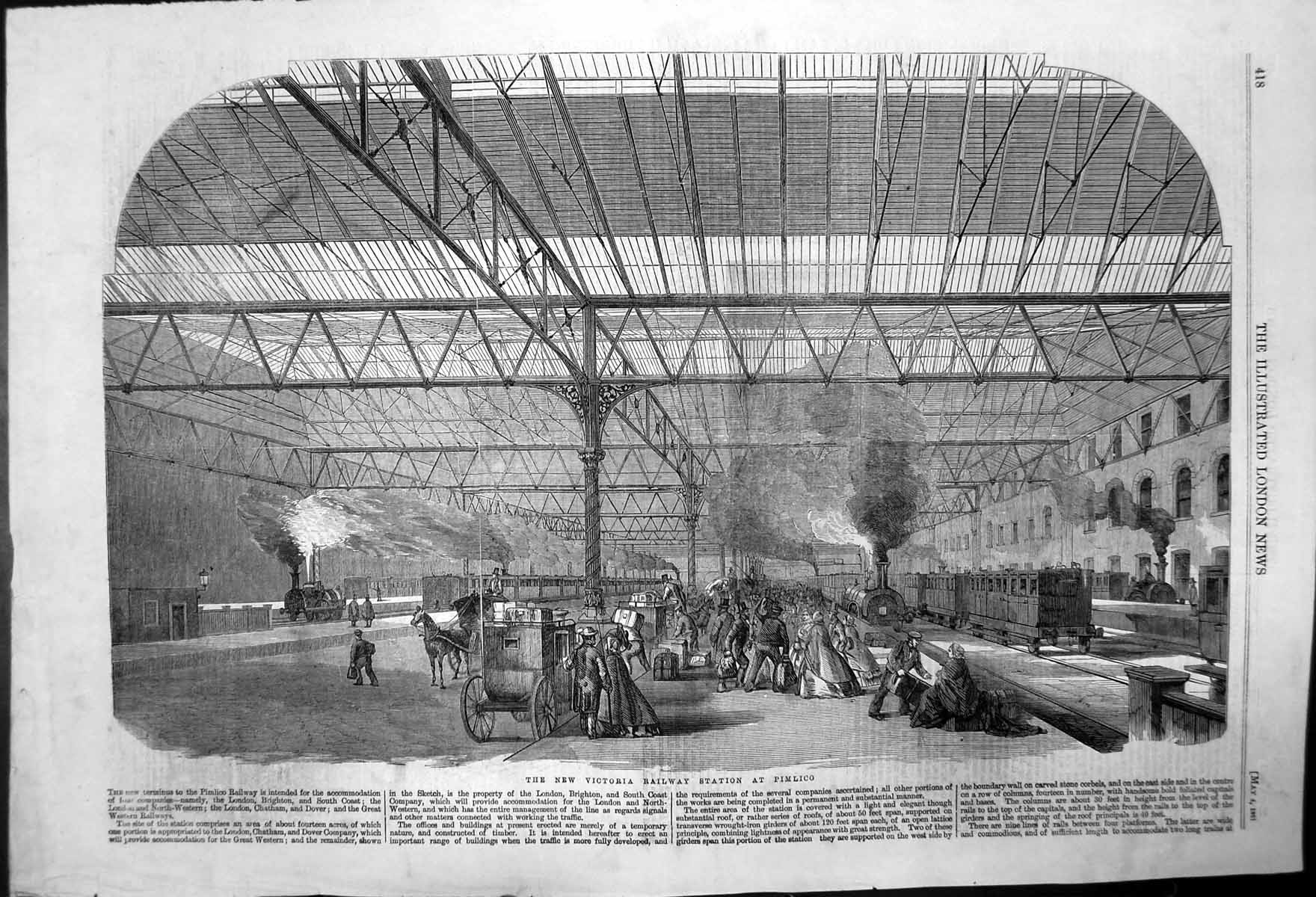 Original Old Antique Print New Victoria Railway Station At Pimlico 1861 19th