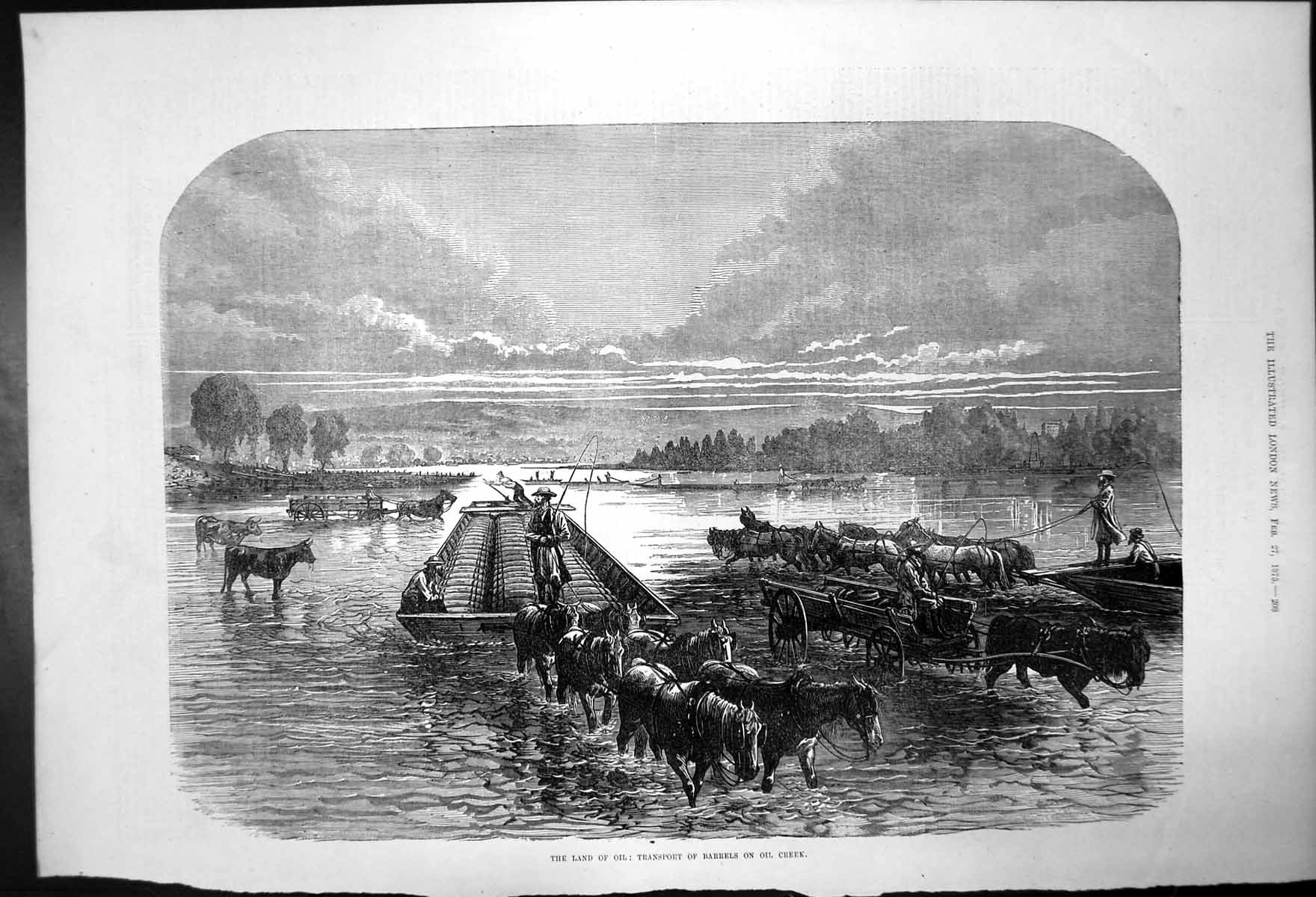 Original Old Antique Print The Land Oil;Transport Barrels On Oil Creek 1875