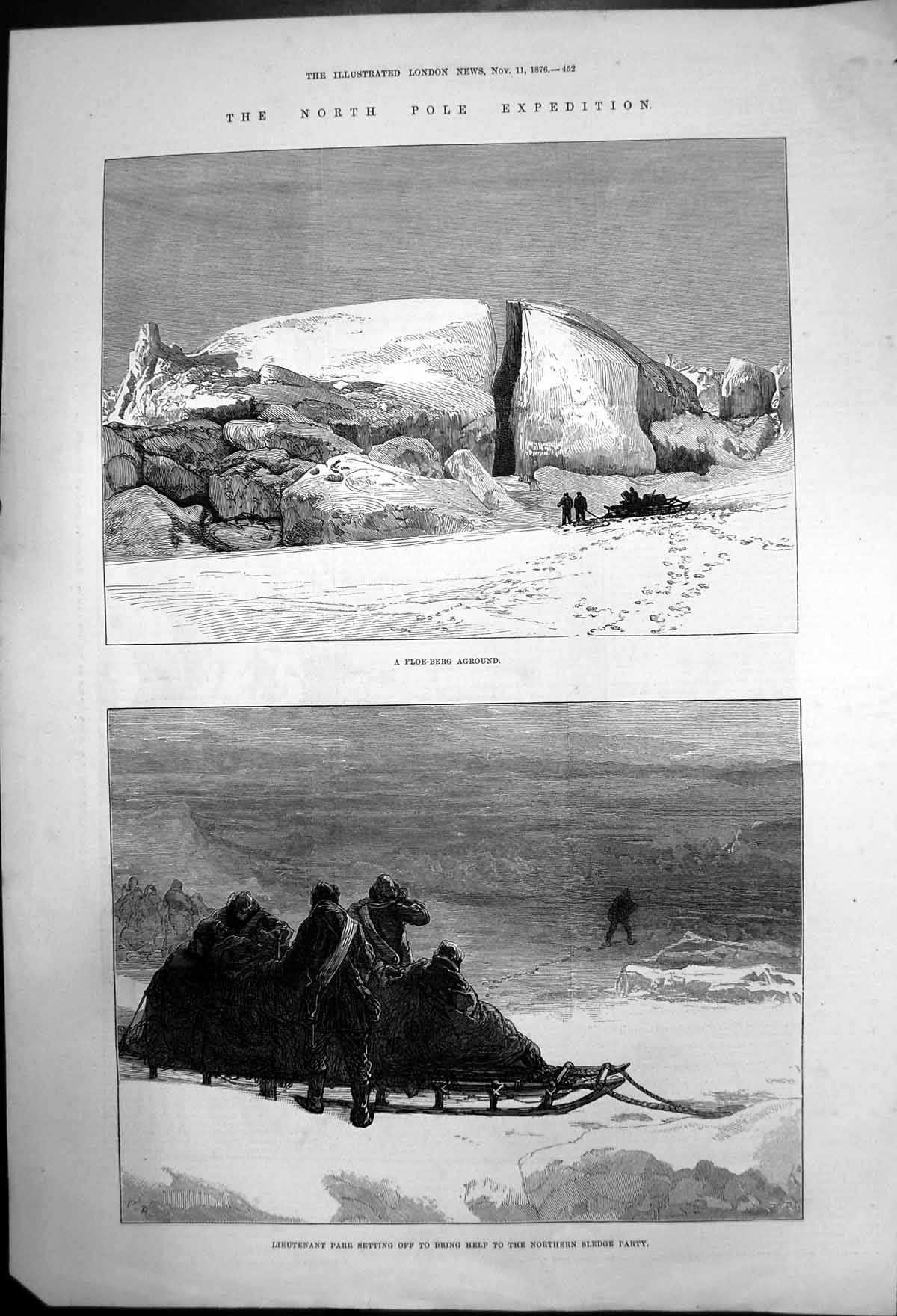 Old Antique Print North Pole Expedition Lieutenant Parr Seeking Help 1876 19th