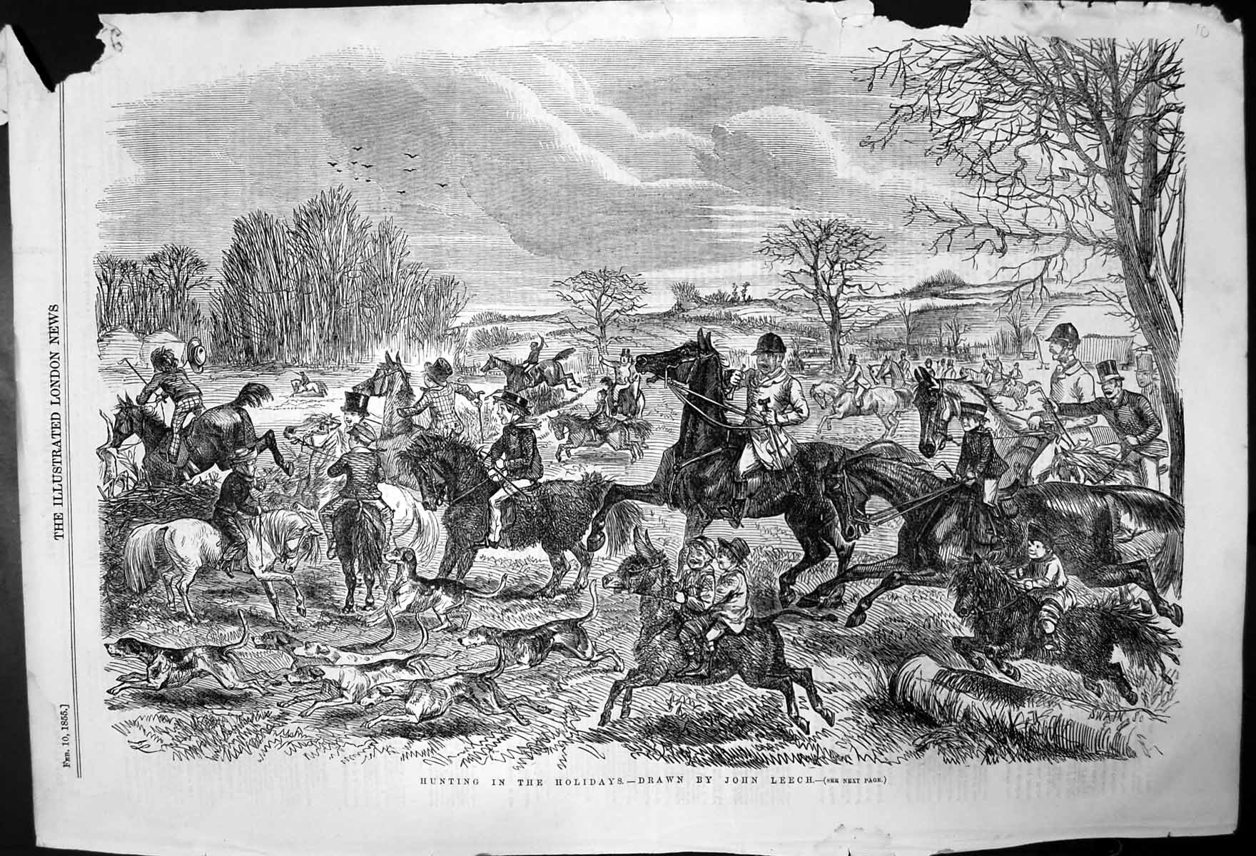Original Old Antique Print Hunting In The Holidays By John Leech 1855 Victorian