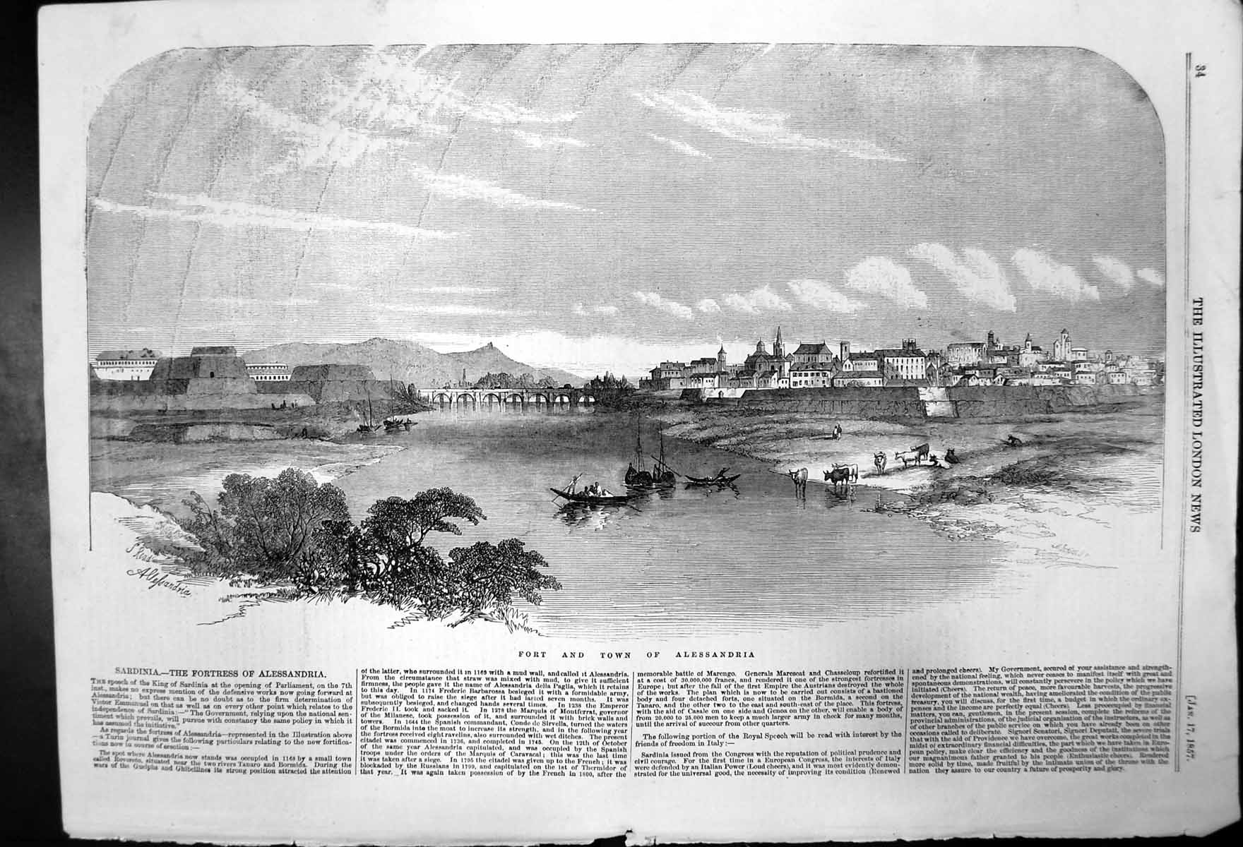 Original Old Antique Print Fortress And Town Alessandria Sardinia 1857 19th