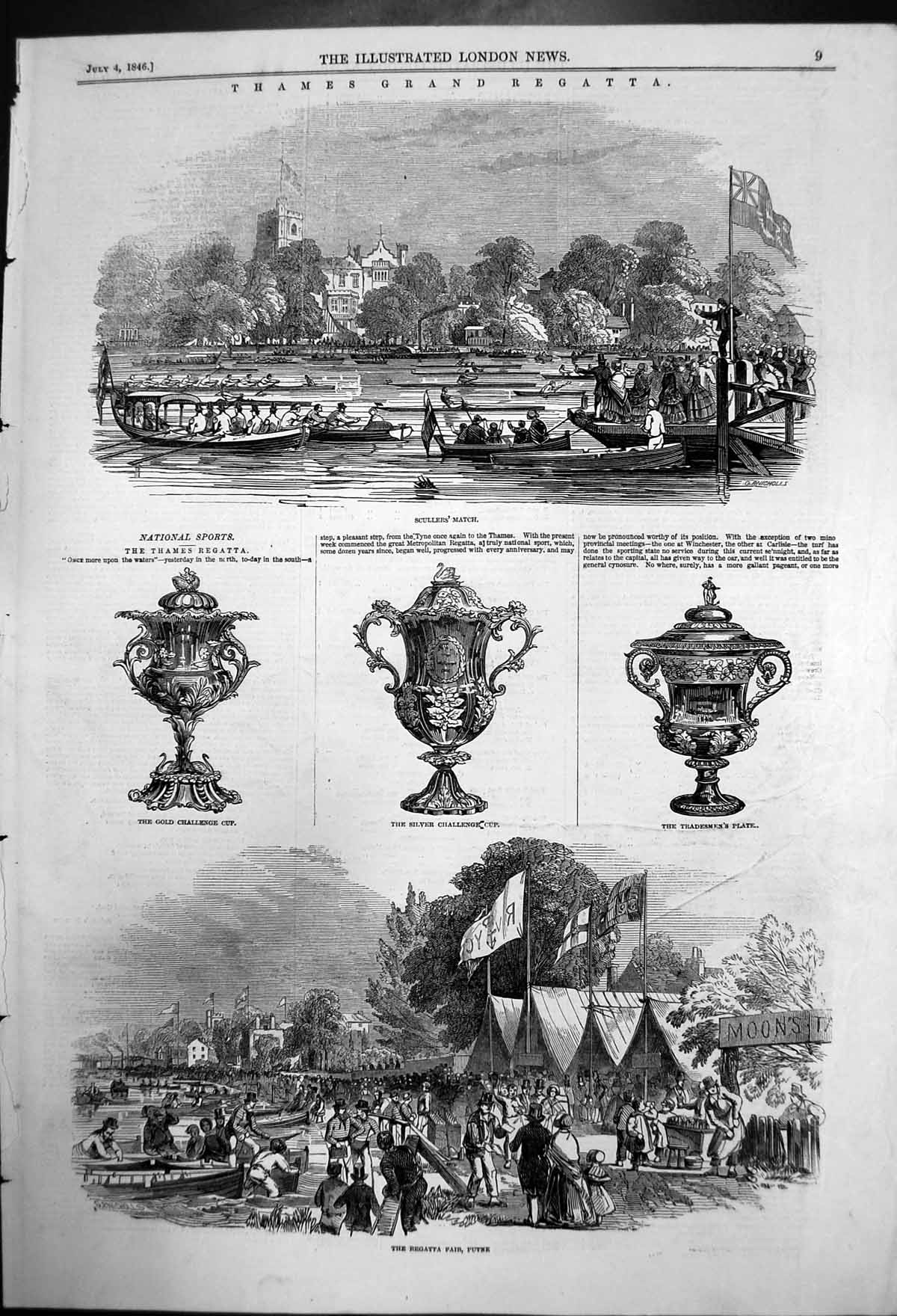 Original Old Antique Print Thames Grand Regatta And Fairputne 1846 Victorian