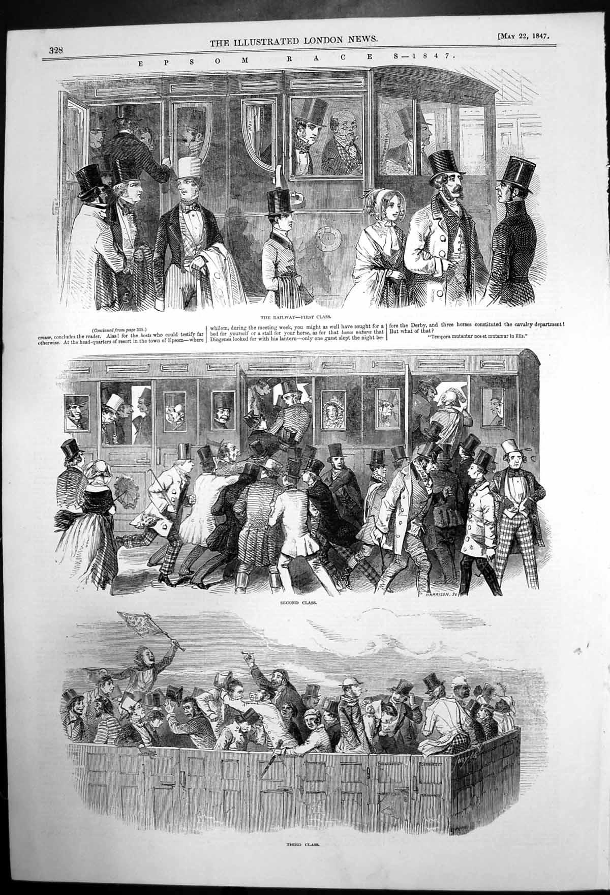 Original Old Antique Print Crowds Arriving By Railway For Epsom Races 1847 19th