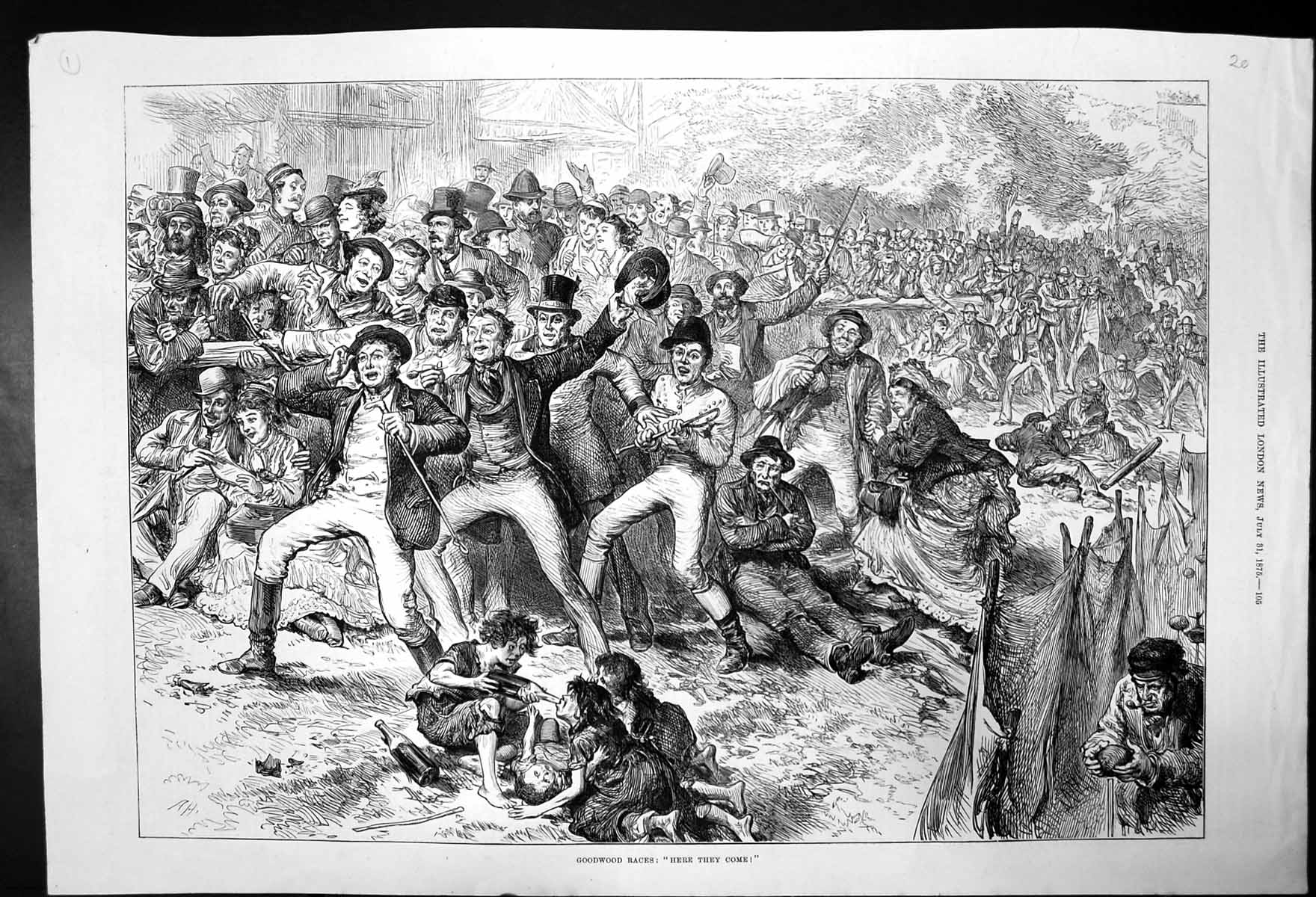 Original Old Antique Print Crowd Enjoying Goodwood Races Here They Come 1875