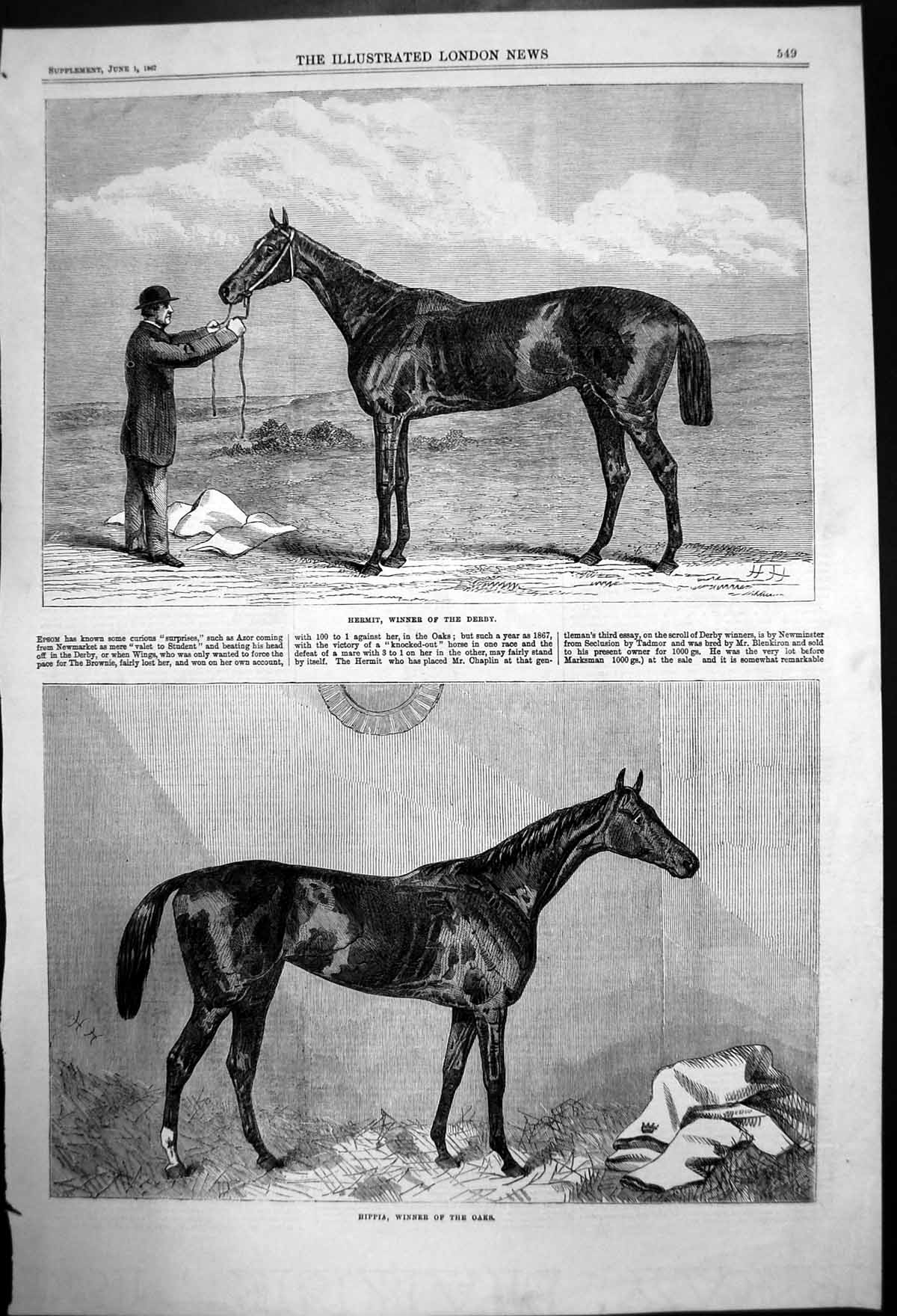Original Old Antique Print Epsom Hermitderby Winner Hippiaoaks Winner 1867 19th