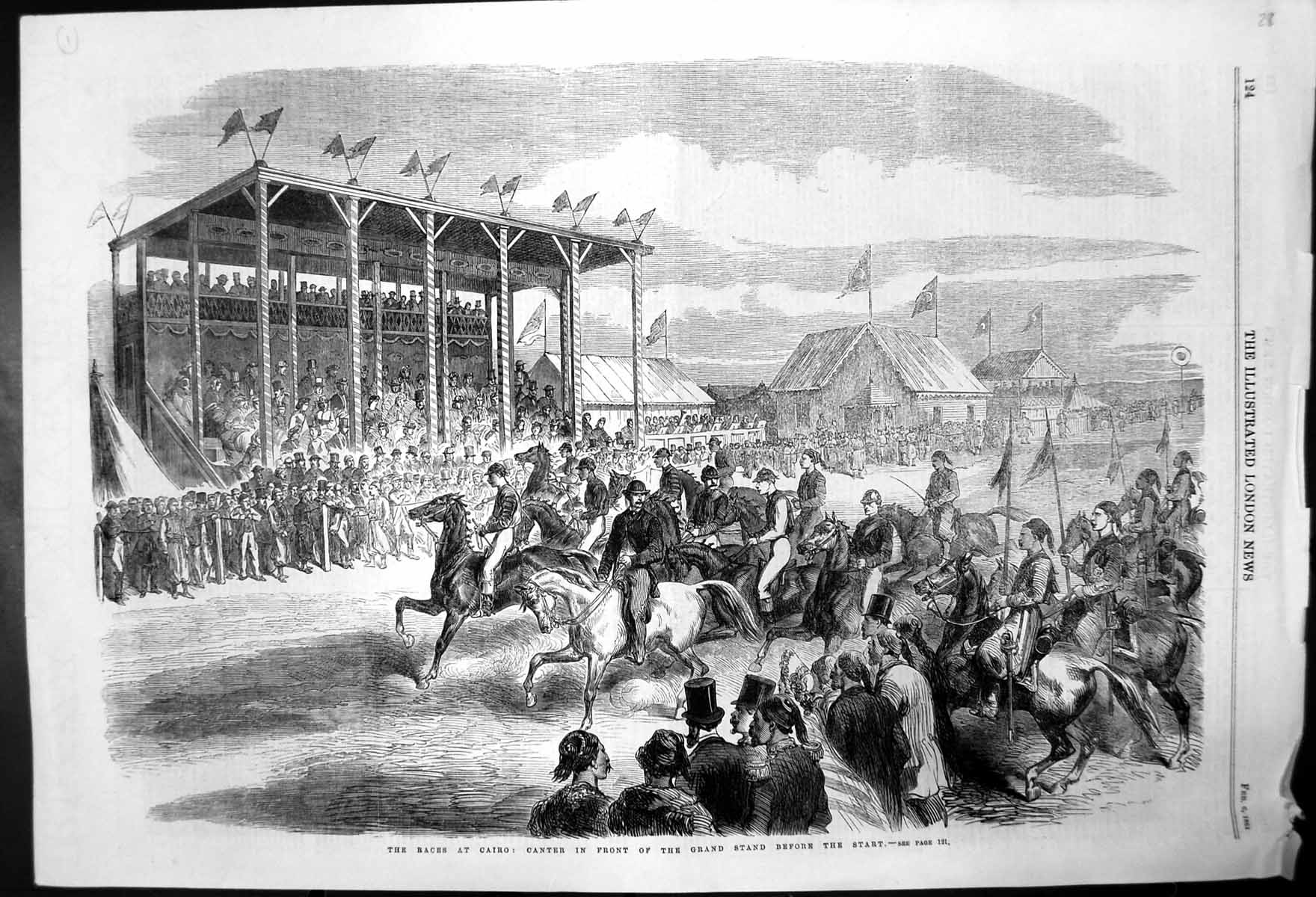 Original Old Antique Print Cairo Races Horses Canter In Front Grandstand 1864