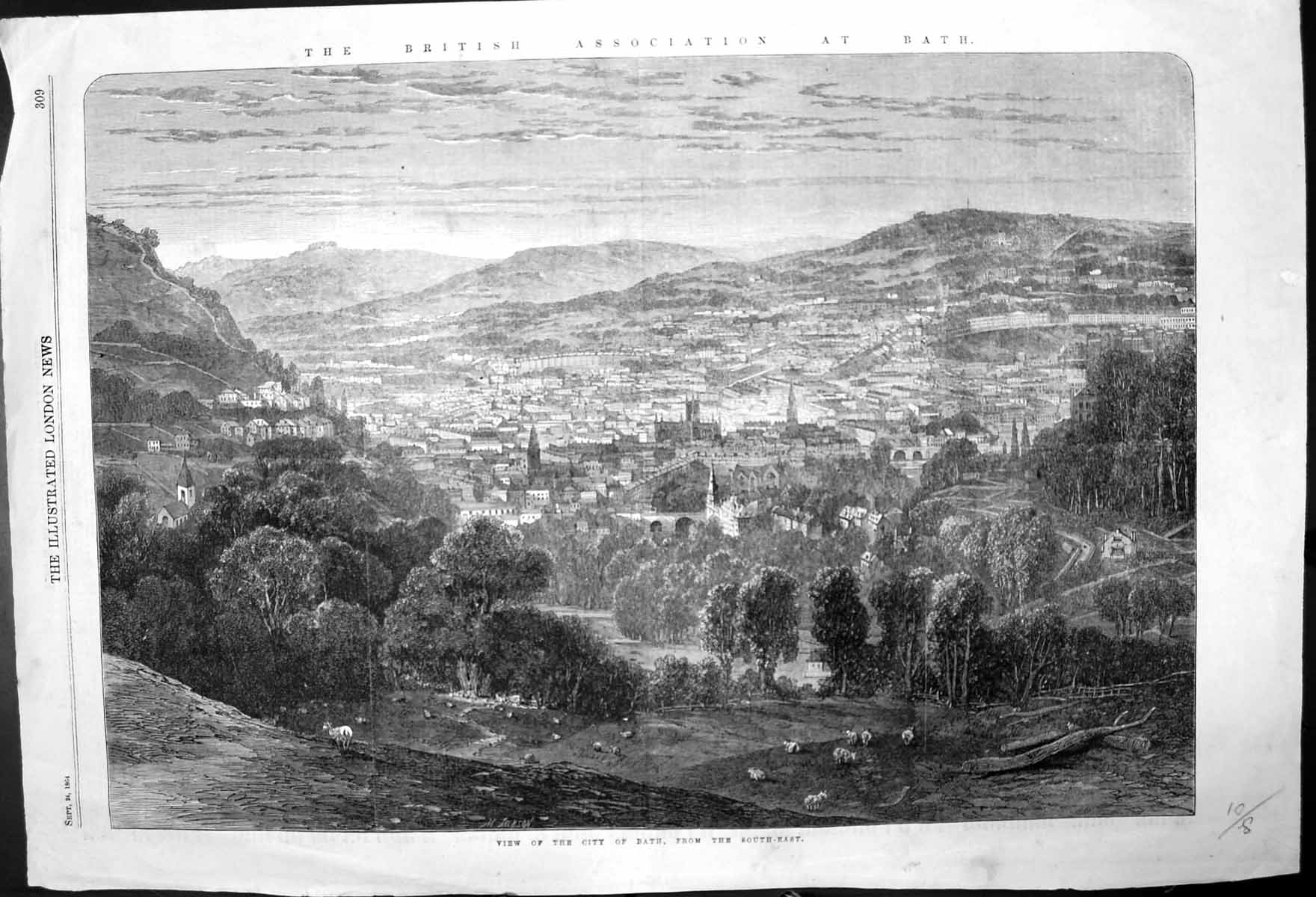 Original Old Antique Print View City Bath From South-East 1864 19th