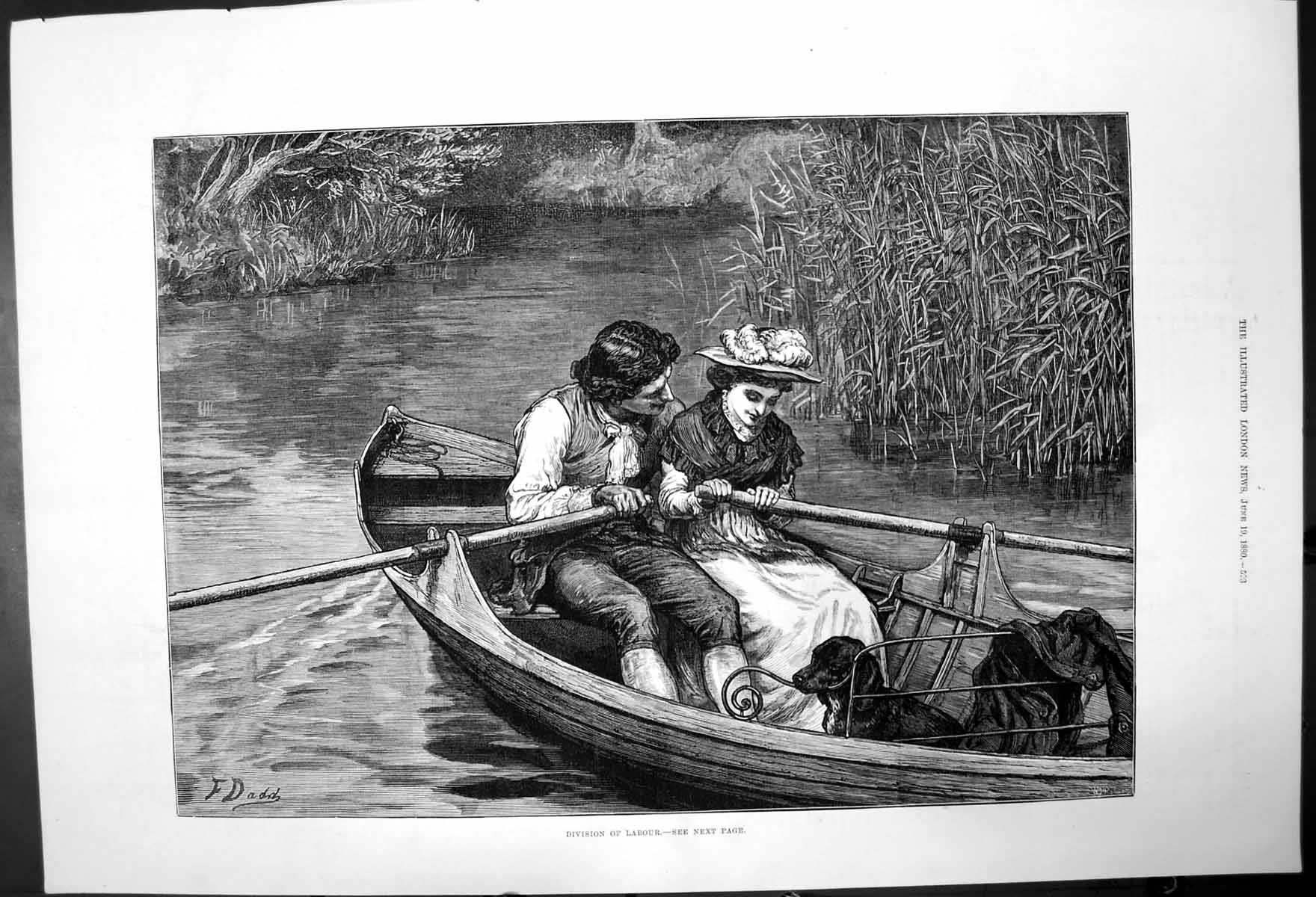 Original Old Antique Print Division Labour Couple In Rowing Boat On Thames 1880