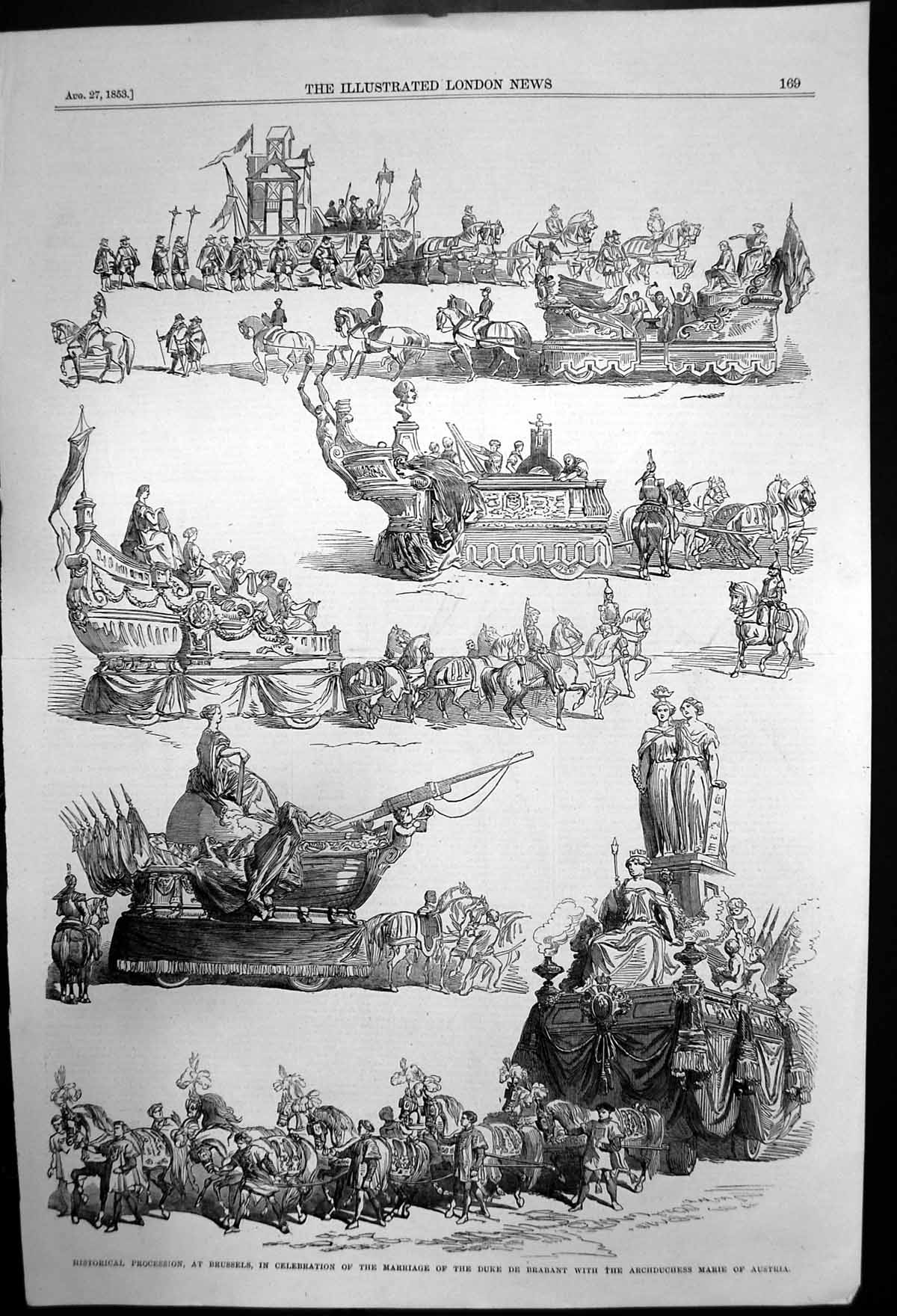 Old Antique Print Marriage Procession Duke De Brabant Marie Austria 1853 19th