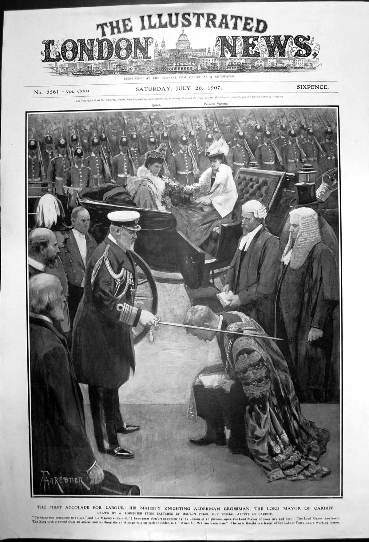Antique Old Print King Knighting Aldernan Crossman Lord Mayor Cardiff 1907 20th