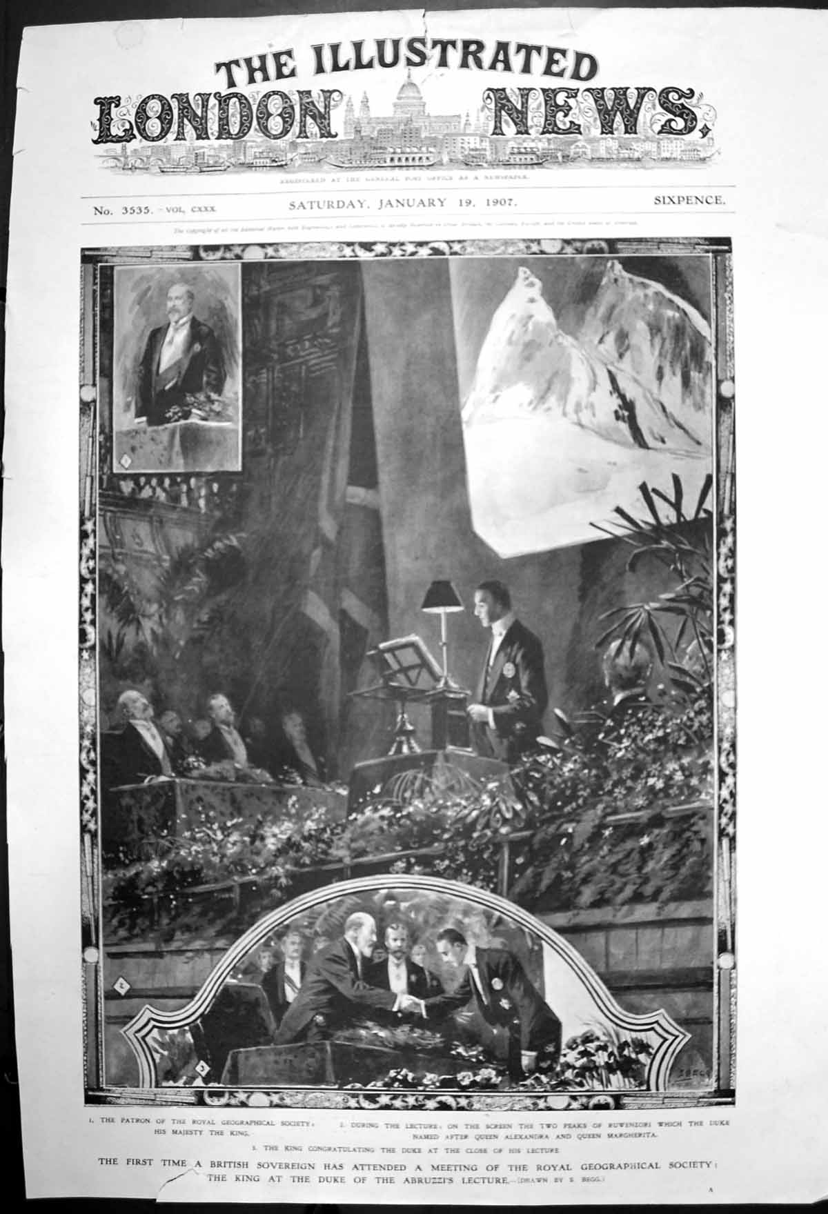 Original Old Antique Print King At Meeting Royal Geographical Society 1907 20th