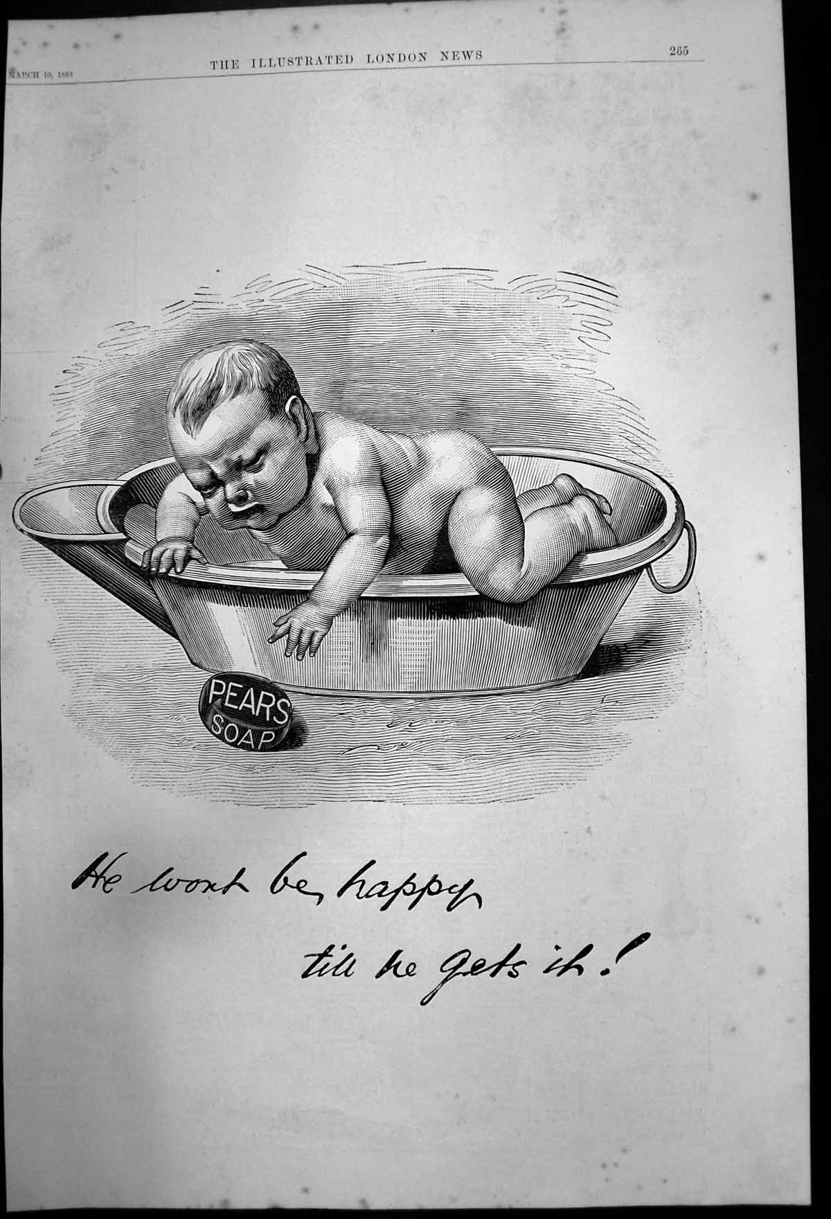 Original Old Antique Print Advert For Pears Soap - Baby In Bath 1888 Victorian