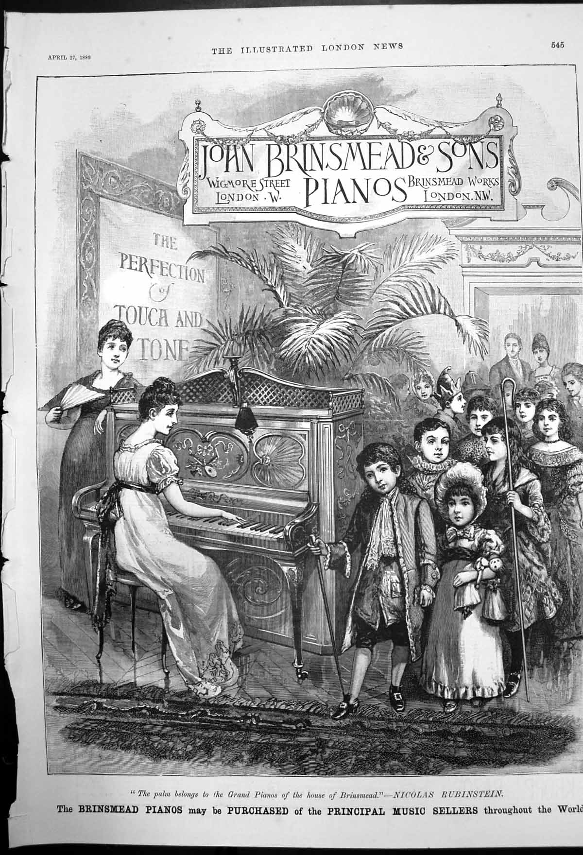 Original Old Antique Print Advert For John Brinsmead & Sons Pianos 1890 19th
