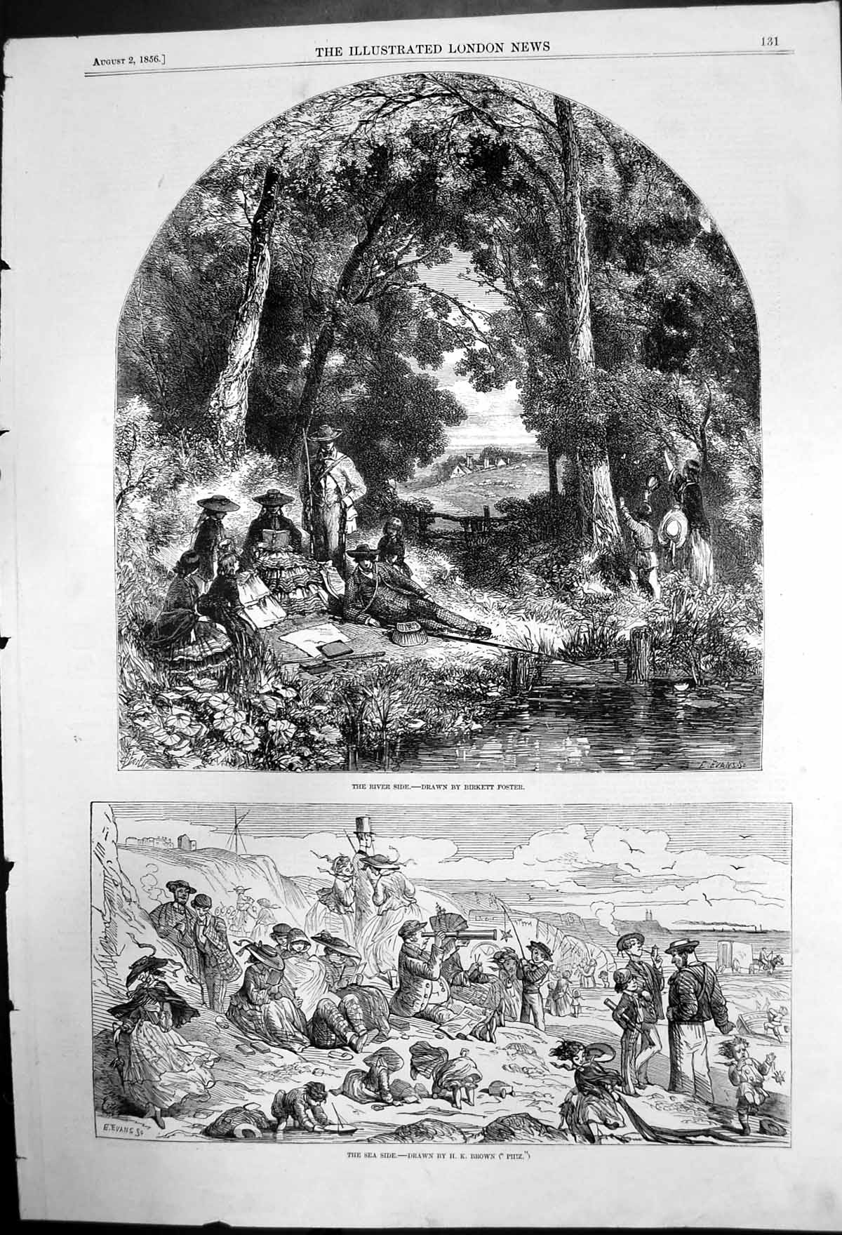 Old Antique Print The Riverside Birkett Foster The Sea Side Hk Brown 1856 19th